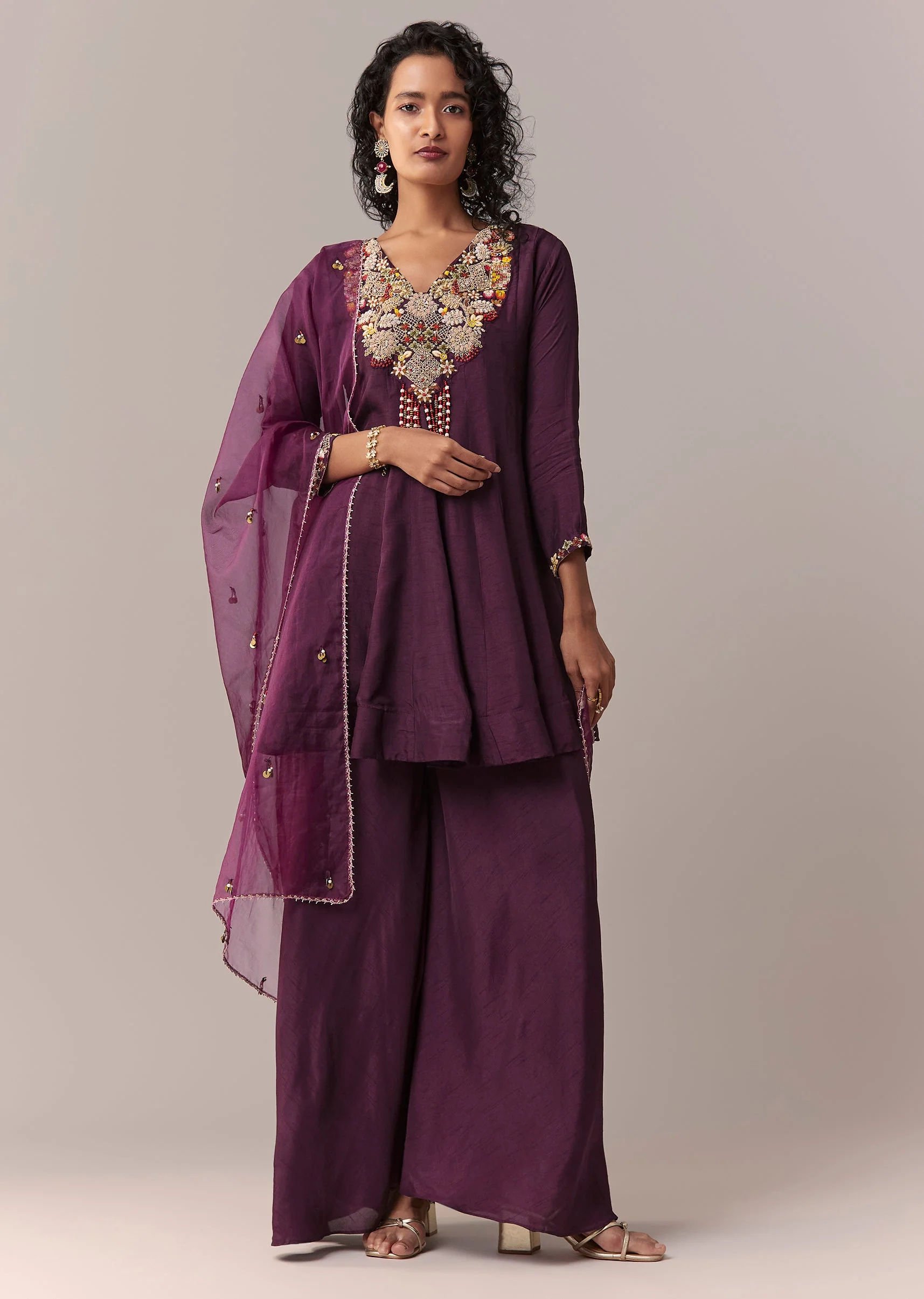 Purple Zardosi & Thread Palazzo Set With Dupatta - Image 3