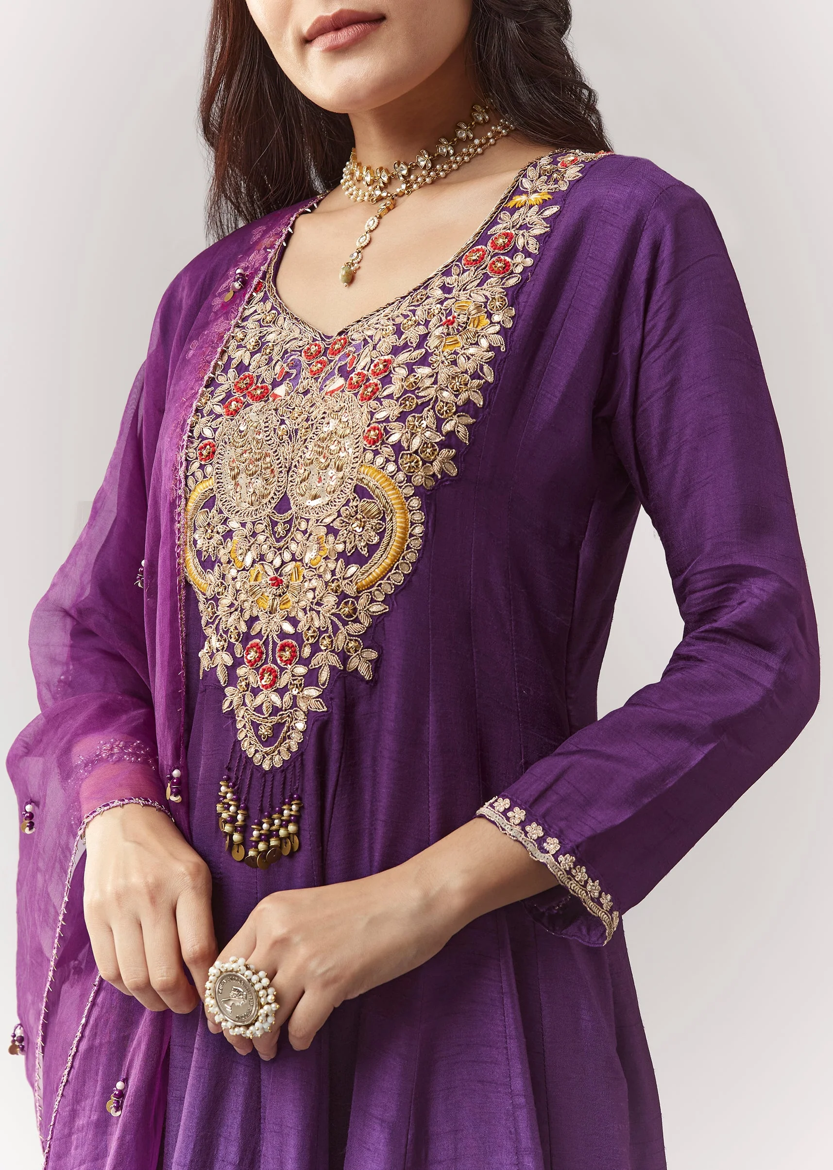 Purple Zardosi V-Neck Anarkali Pant Set With Dupatta - Image 2