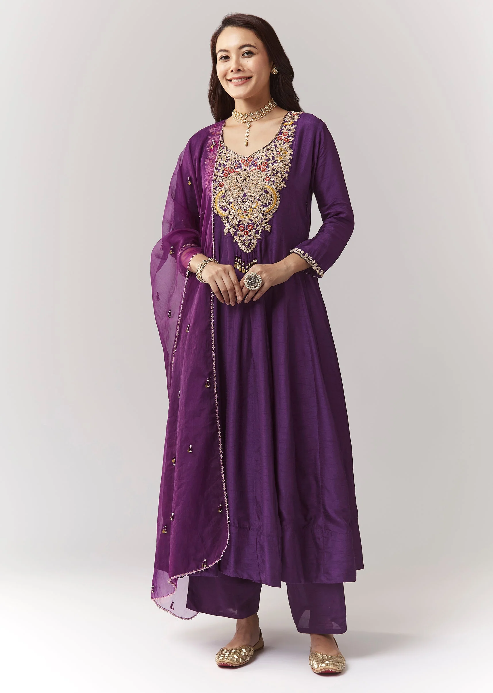Purple Zardosi V-Neck Anarkali Pant Set With Dupatta - Image 3