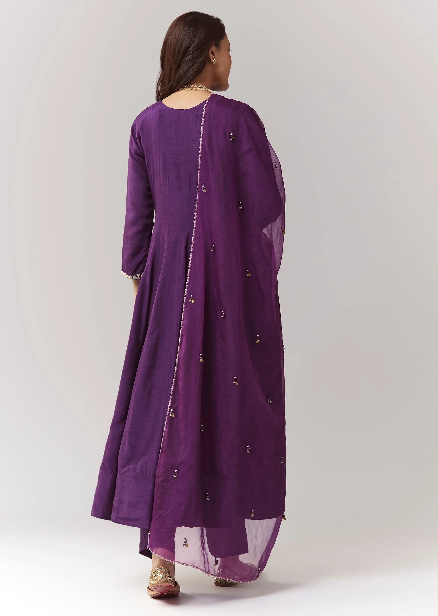 Purple Zardosi V-Neck Anarkali Pant Set With Dupatta - Image 5