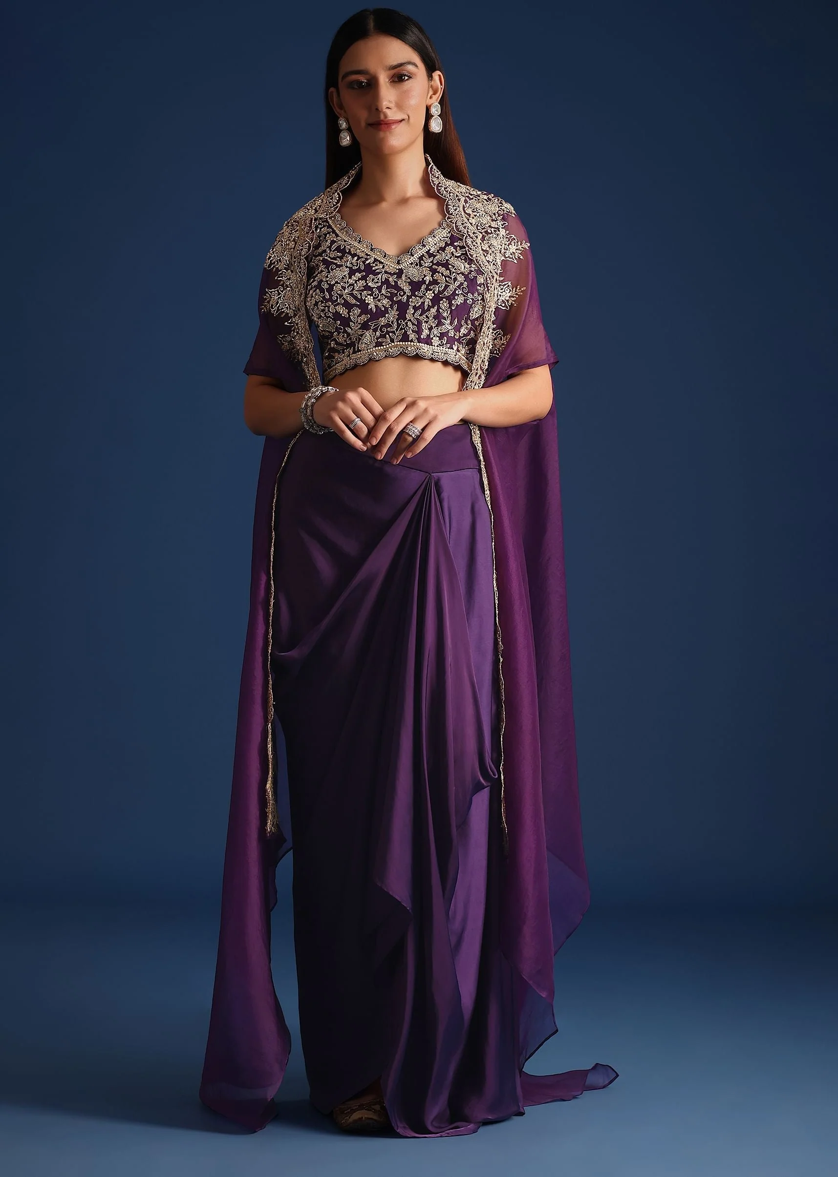 Purple Zardozi Work Jacket With Crop Top And Skirt - Image 2