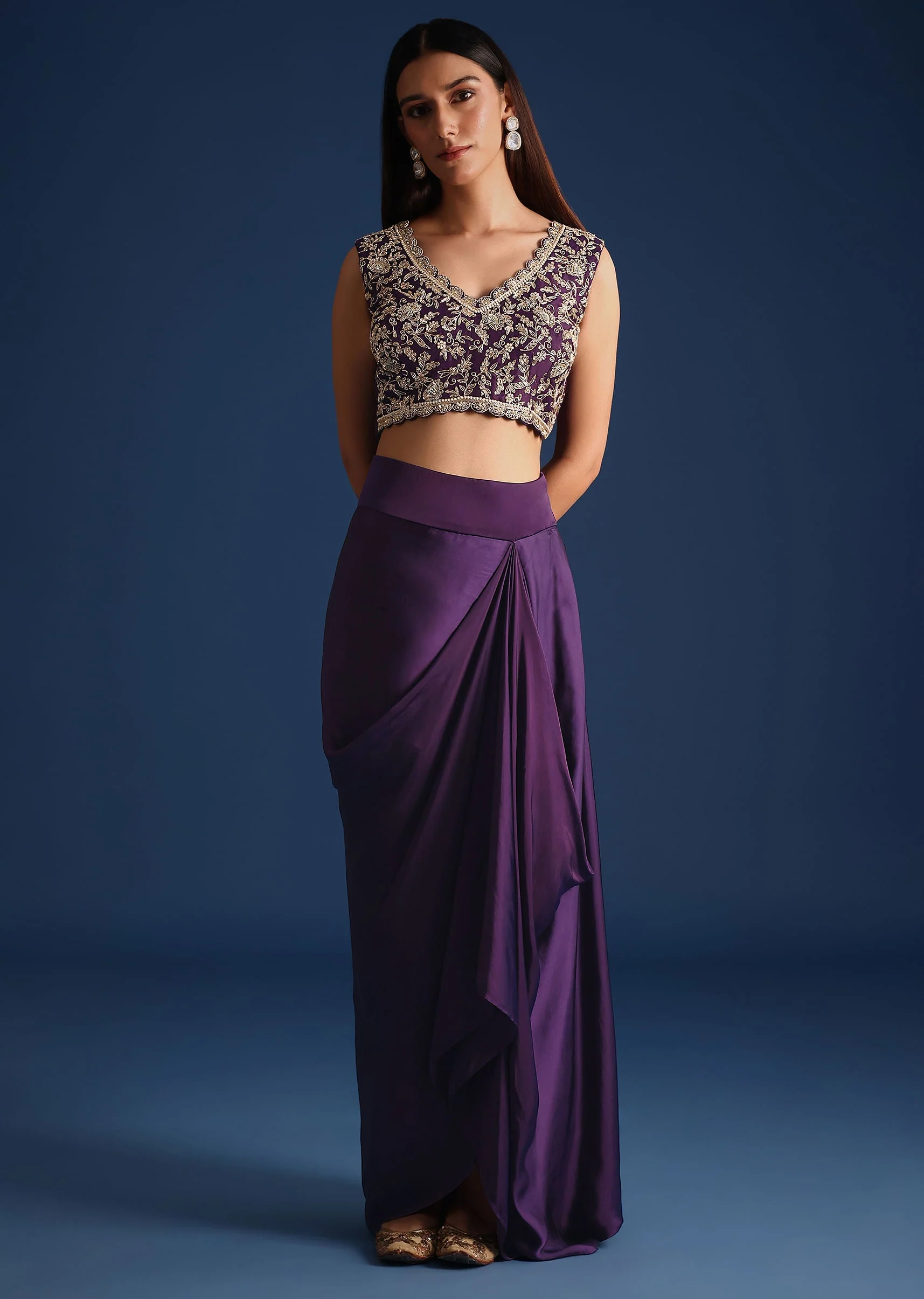 Purple Zardozi Work Jacket With Crop Top And Skirt - Image 6