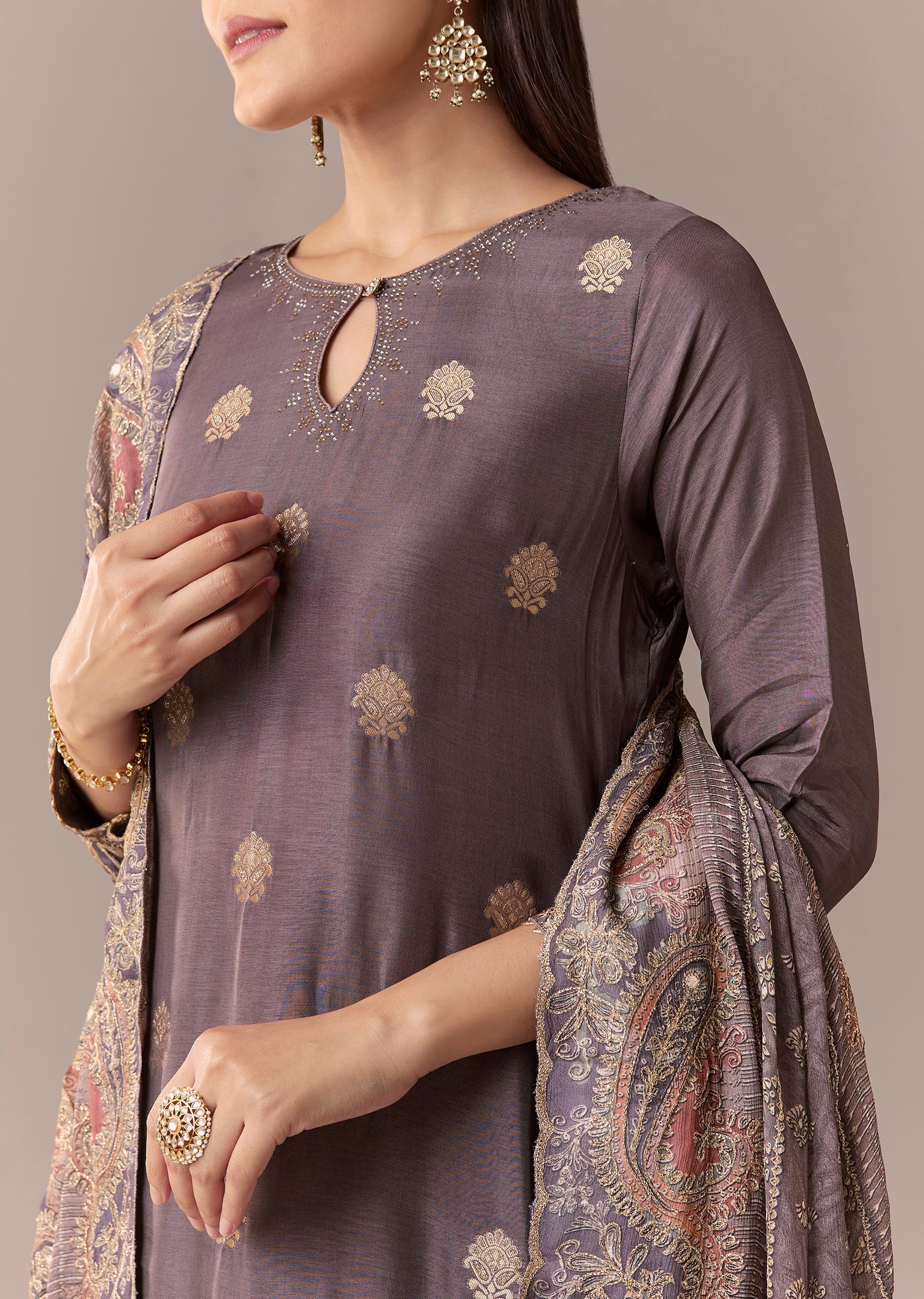 Purple Zari Butti Printed Anarkali With Dupatta - Image 2