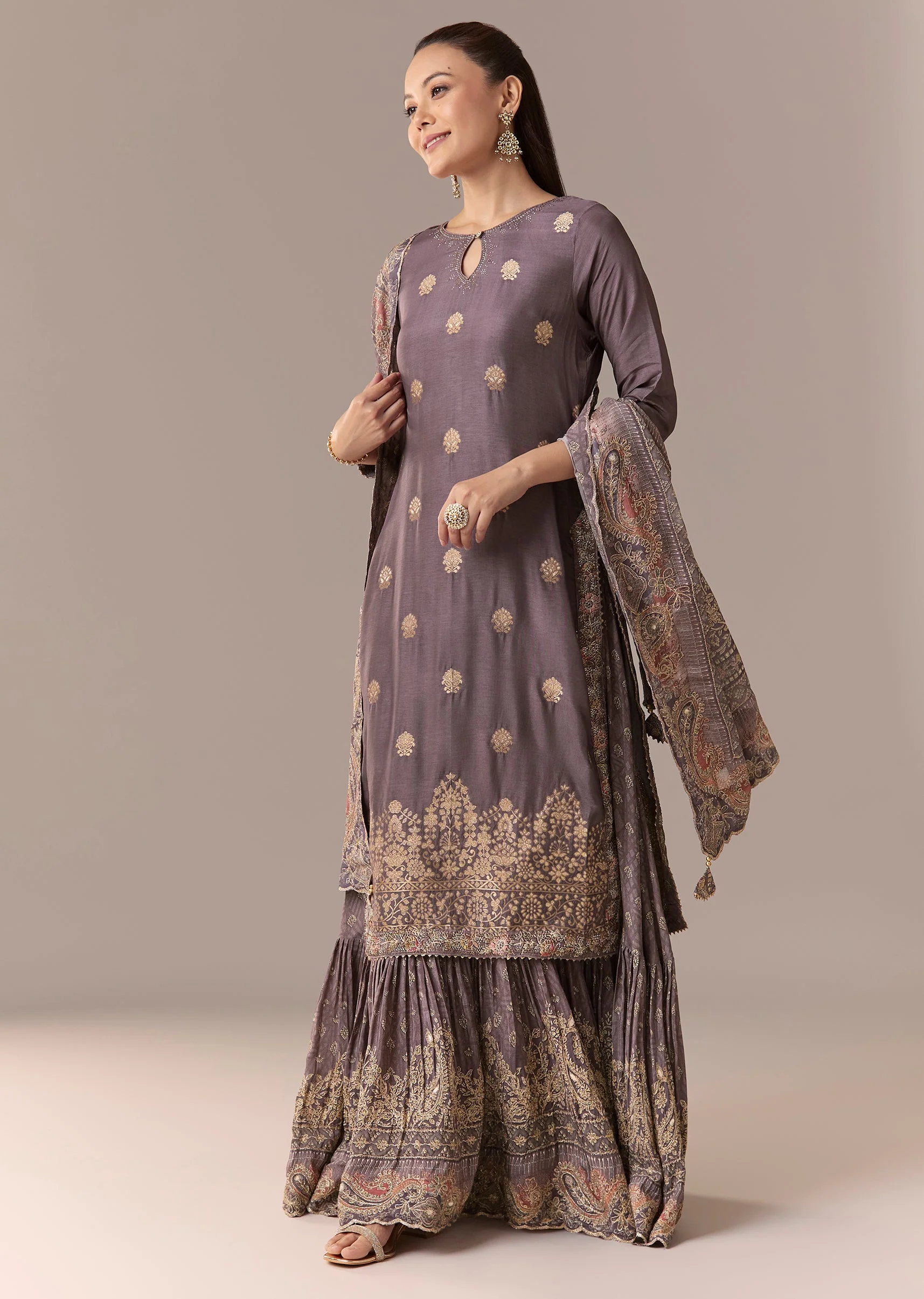 Purple Zari Butti Printed Anarkali With Dupatta - Image 3