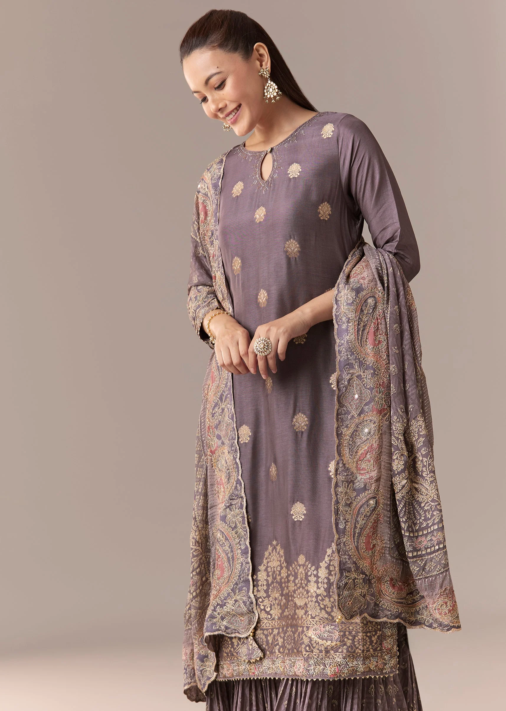 Purple Zari Butti Printed Anarkali With Dupatta - Image 4