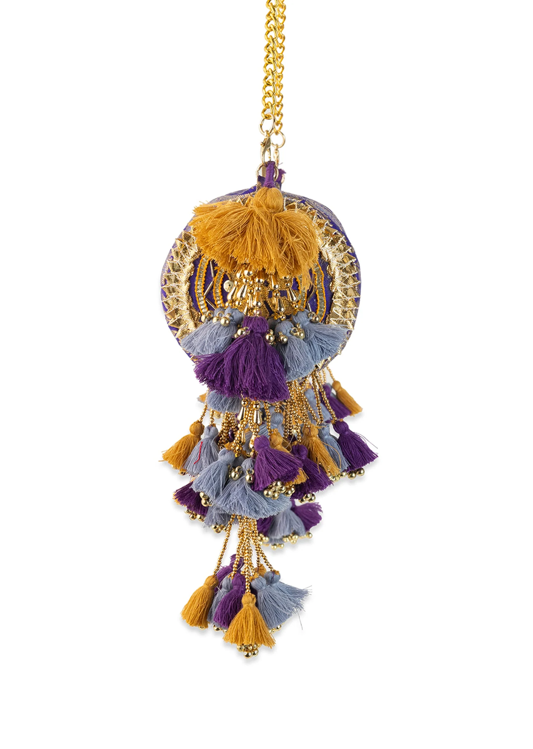 Purple Zari Embellished Brocade Kundan Bag with Tassel - Image 4