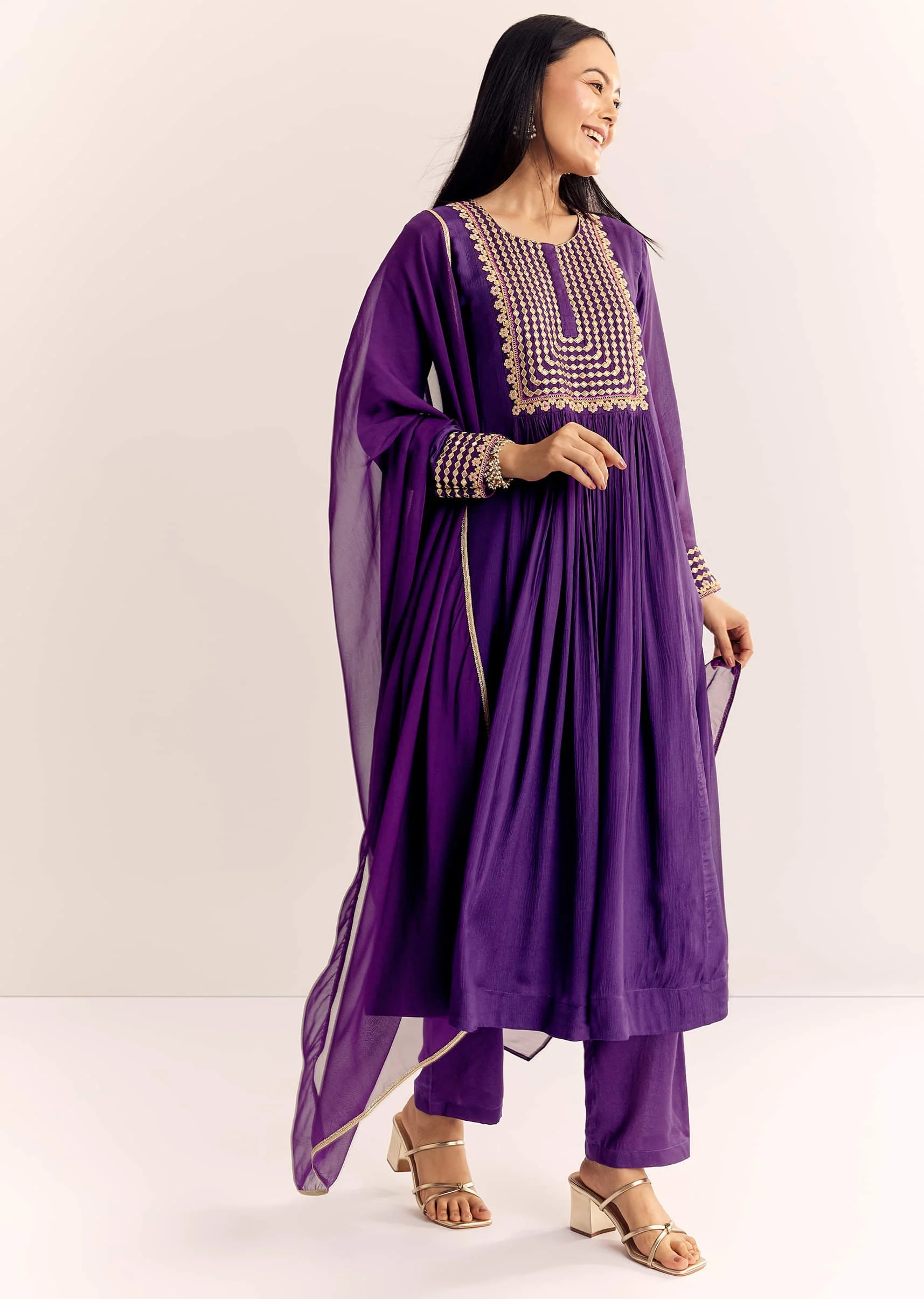 Purple Zari Neckline Chinon Anarkali Suit With Organza Dupatta - Image 3
