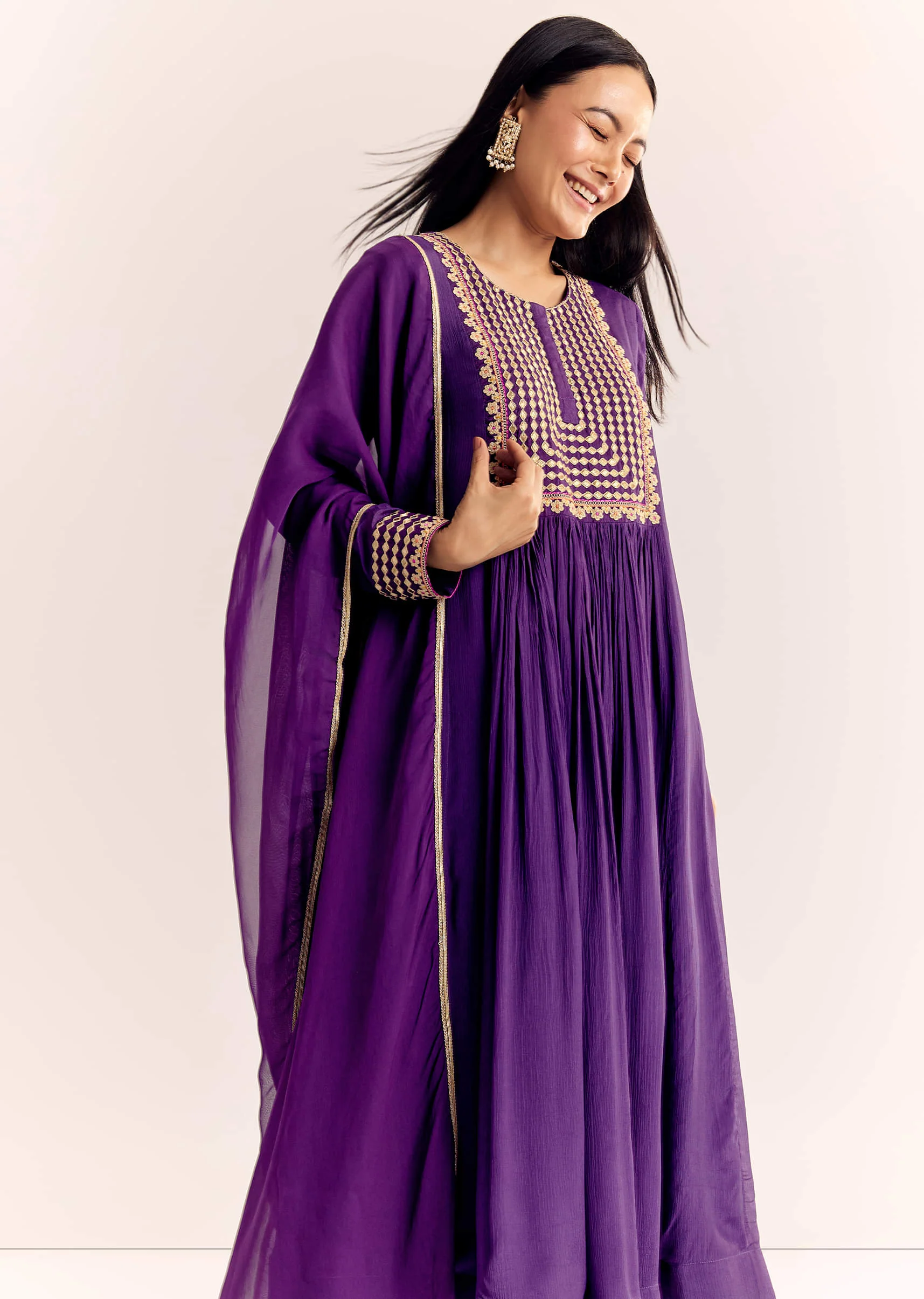 Purple Zari Neckline Chinon Anarkali Suit With Organza Dupatta - Image 4