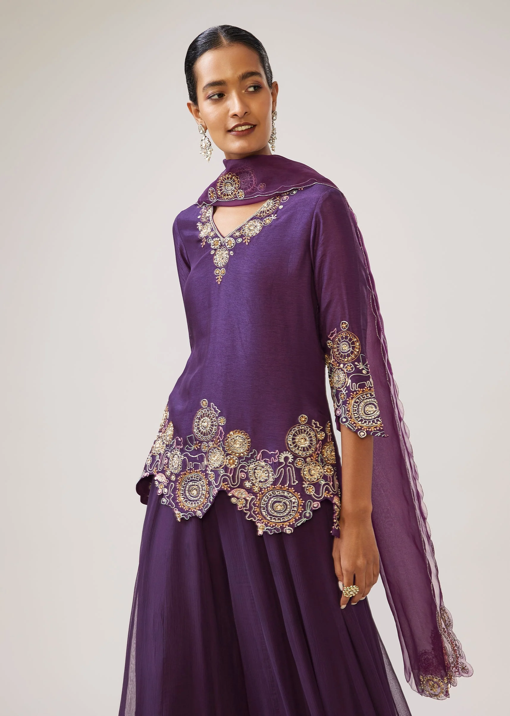 Purple Zari Resham Palazzo Set In Silk With Dupatta - Image 4