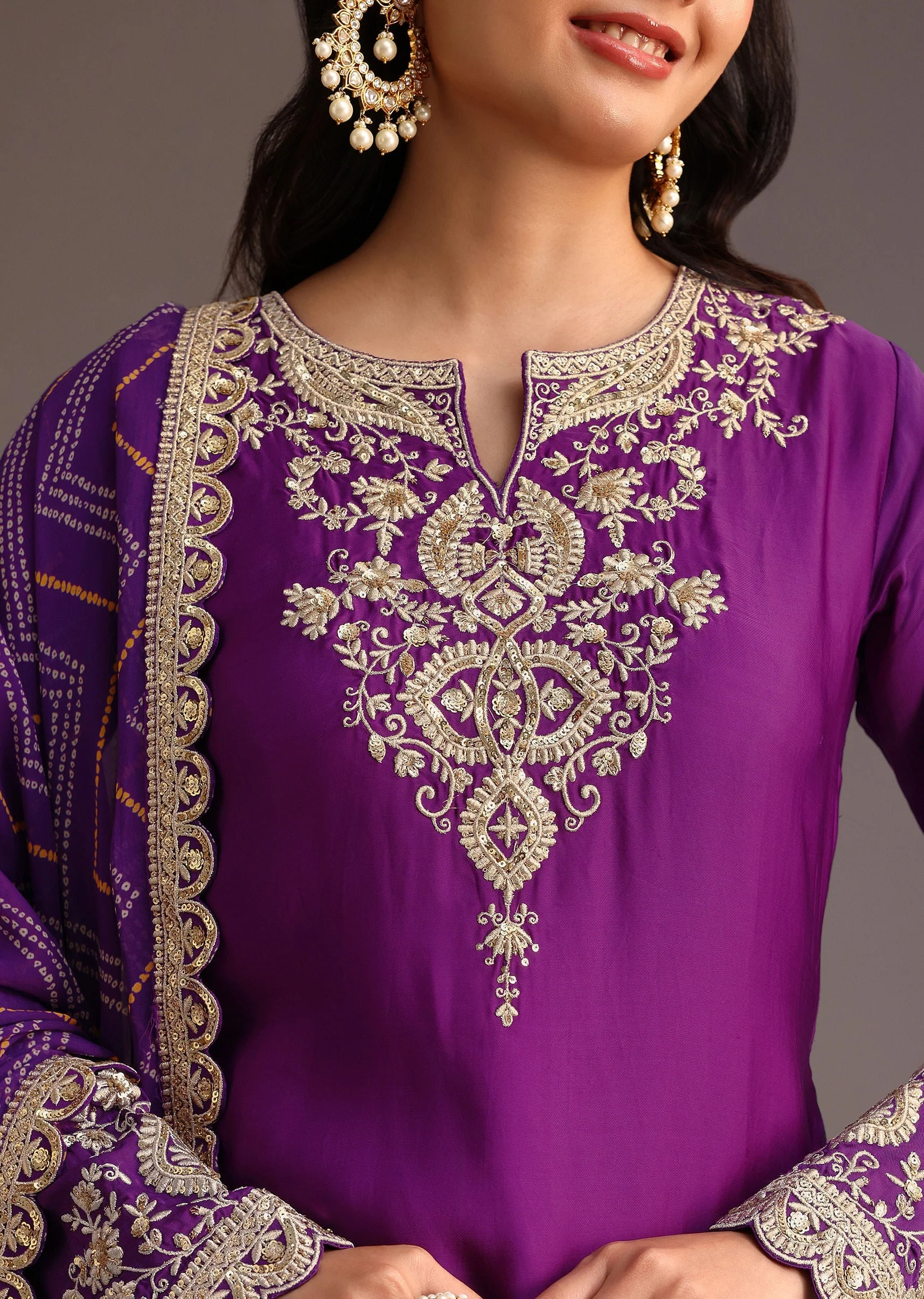 Purple Zari Work Palazzo Suit With Organza Dupatta - Image 2