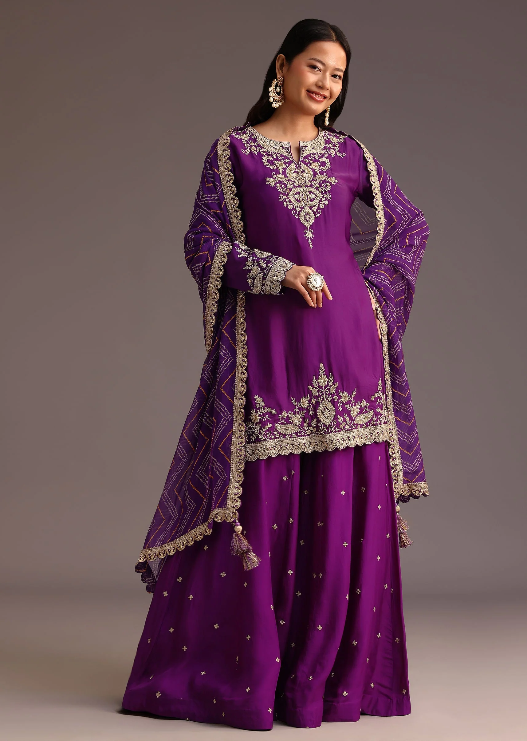 Purple Zari Work Palazzo Suit With Organza Dupatta - Image 3