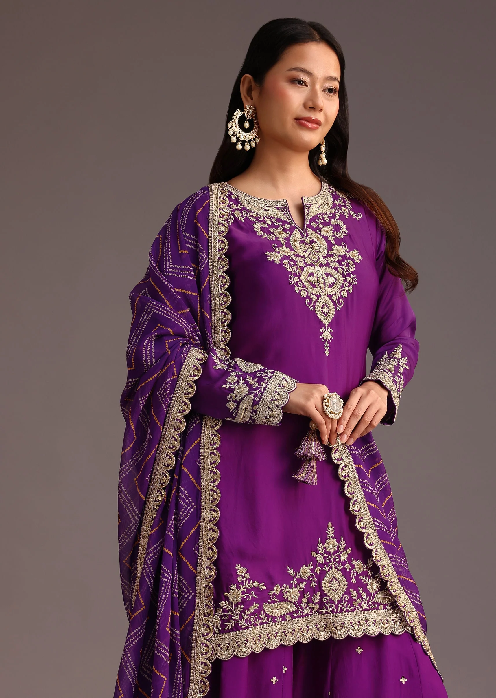 Purple Zari Work Palazzo Suit With Organza Dupatta - Image 4