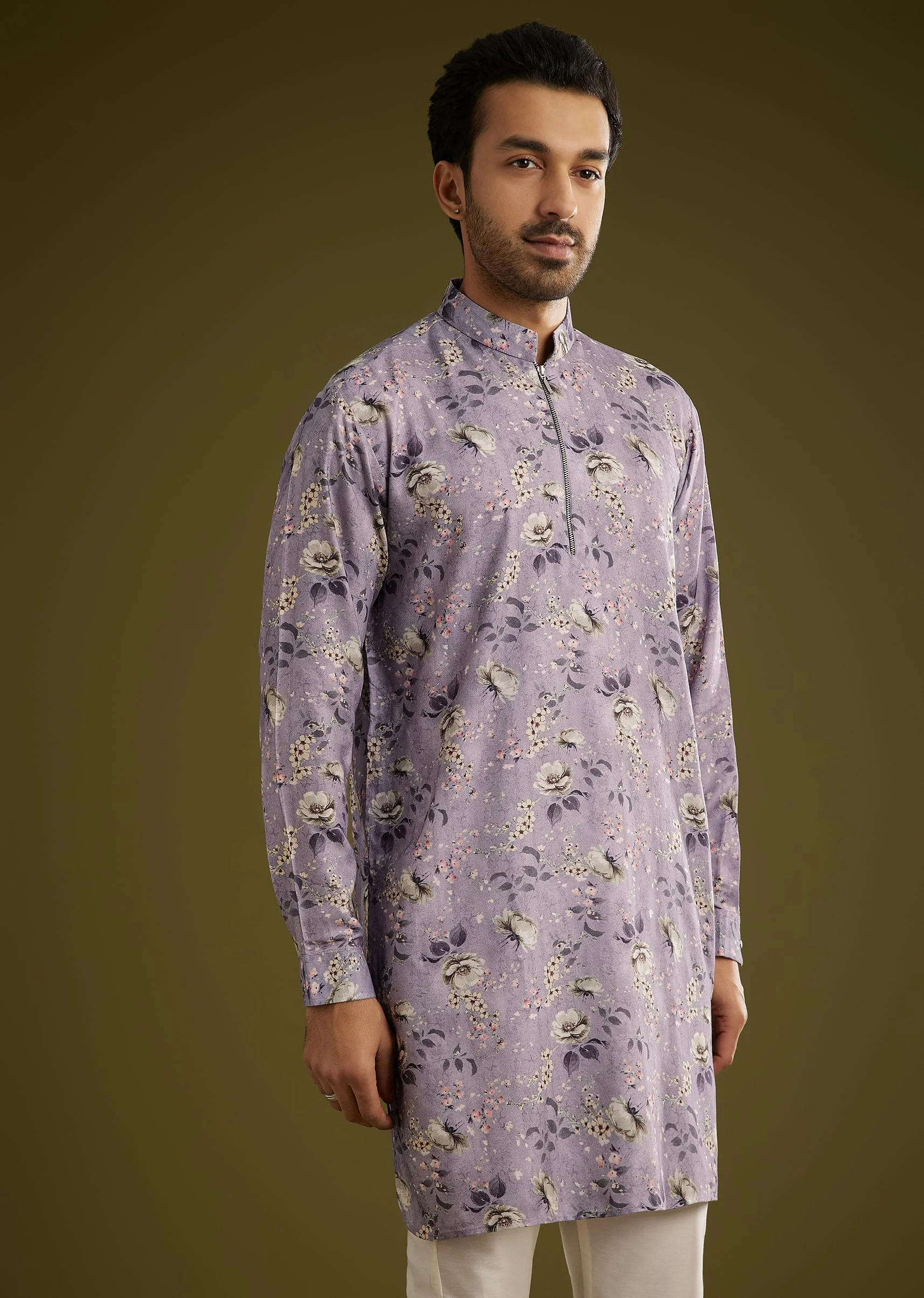 Purple Zipper Kurta Set In Russian Silk With Floral Printed - Image 2