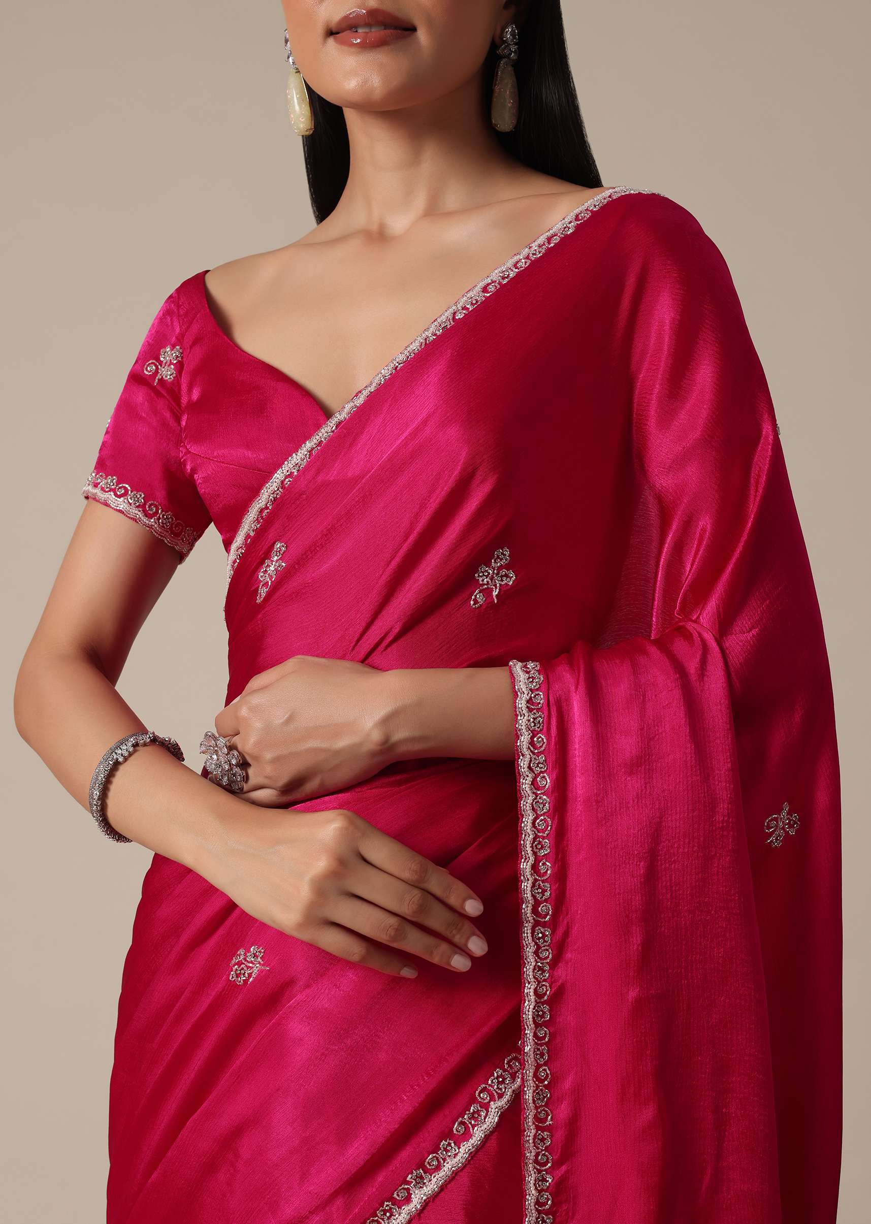 Radiant Pink Saree With Stone Embellishments All Over - Image 5