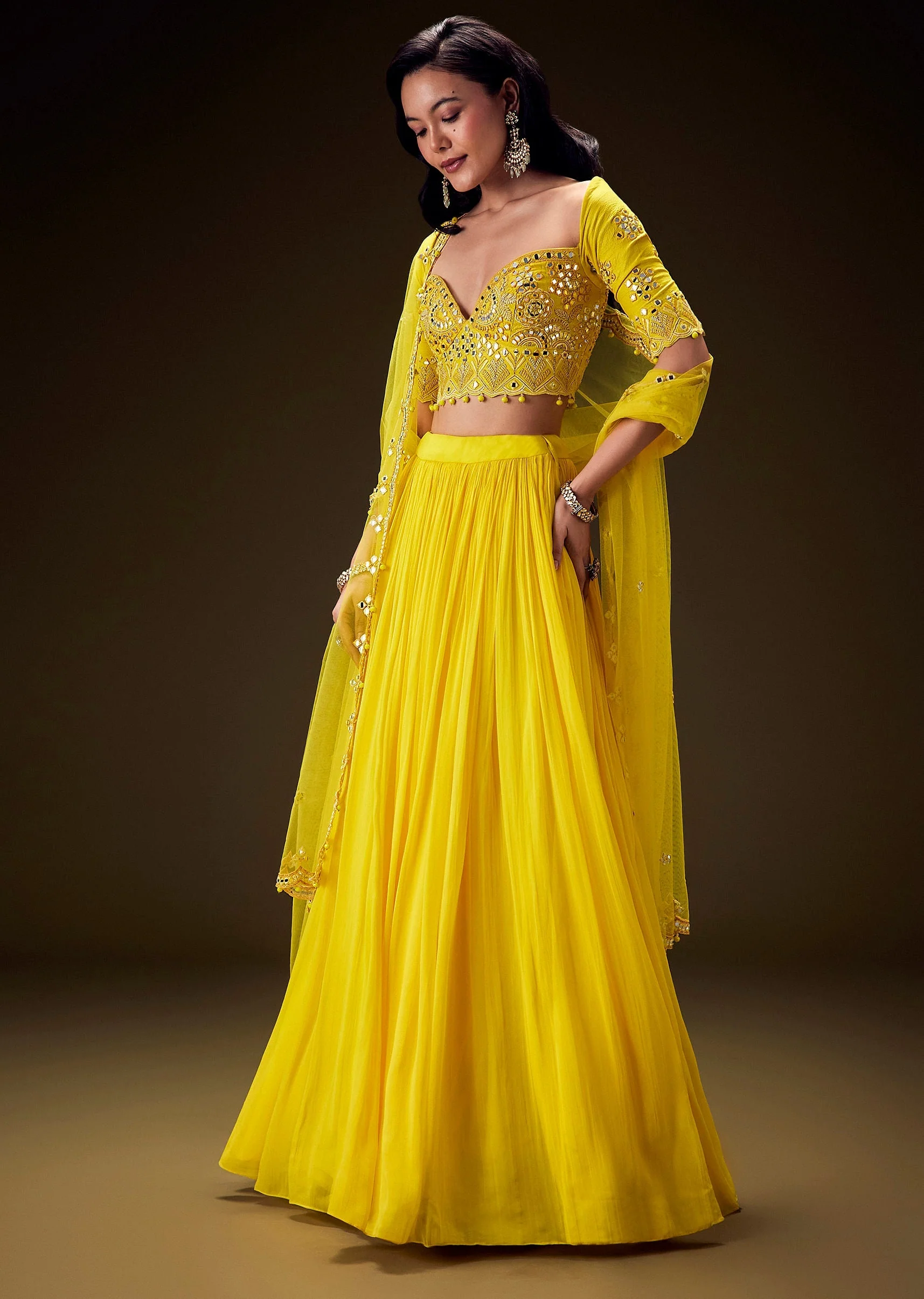 Radiant Yellow Georgette Lehenga With Mirror Work Blouse And Dupatta - Image 3