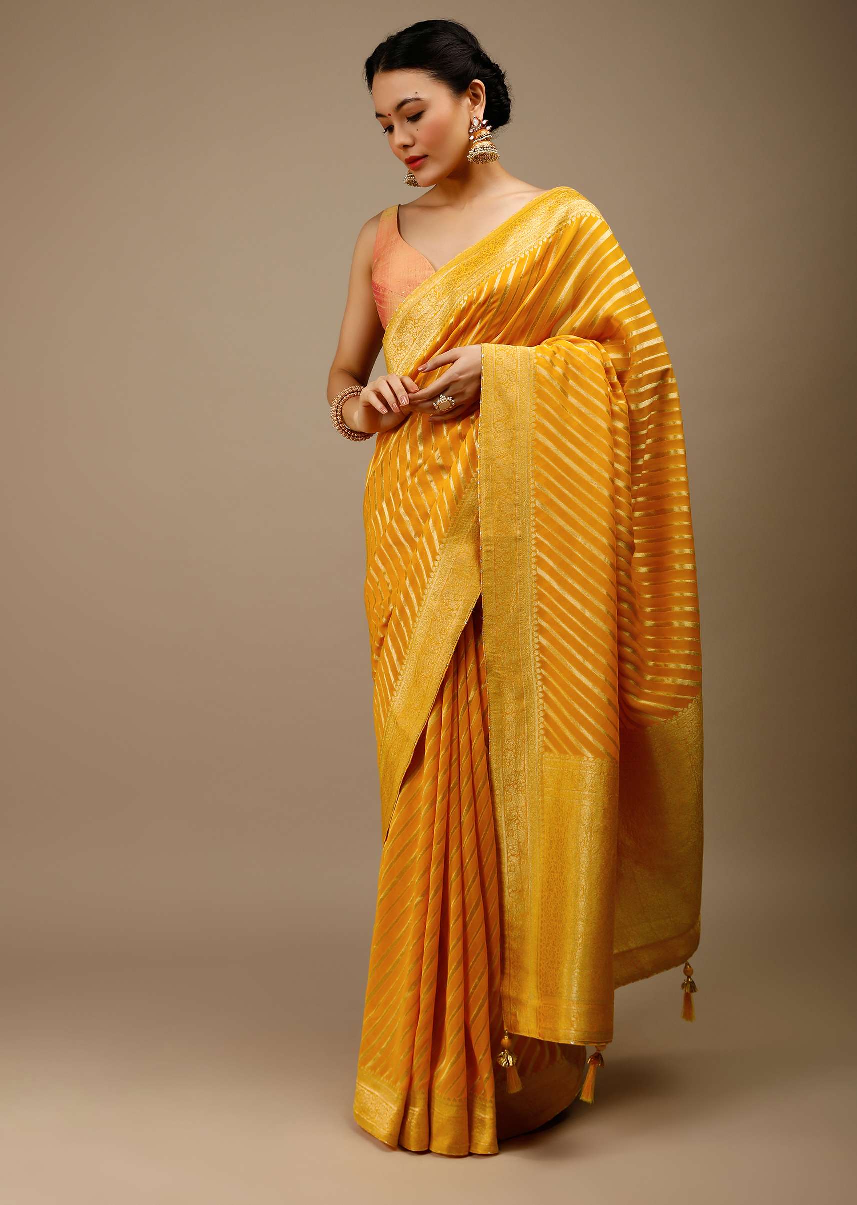 Radiant Yellow Saree In Georgette With Brocade Woven Diagonal Stripes And Floral Border - Image 3