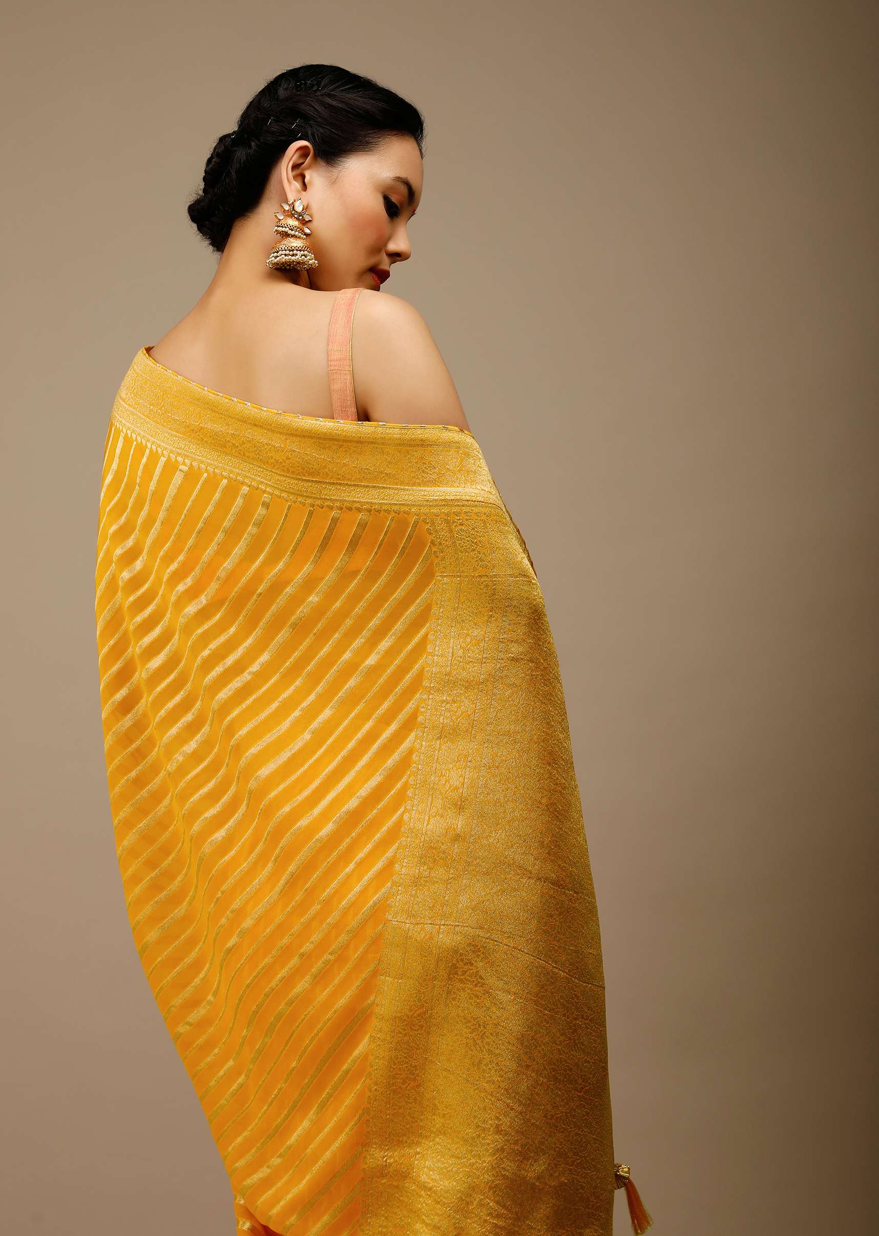 Radiant Yellow Saree In Georgette With Brocade Woven Diagonal Stripes And Floral Border - Image 4