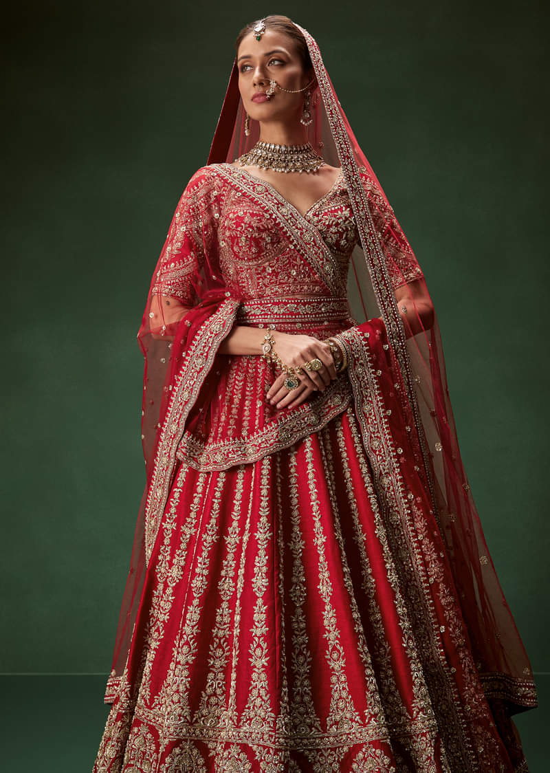 Rani Bridal Lehenga With Resham Work Dupattas - Image 5