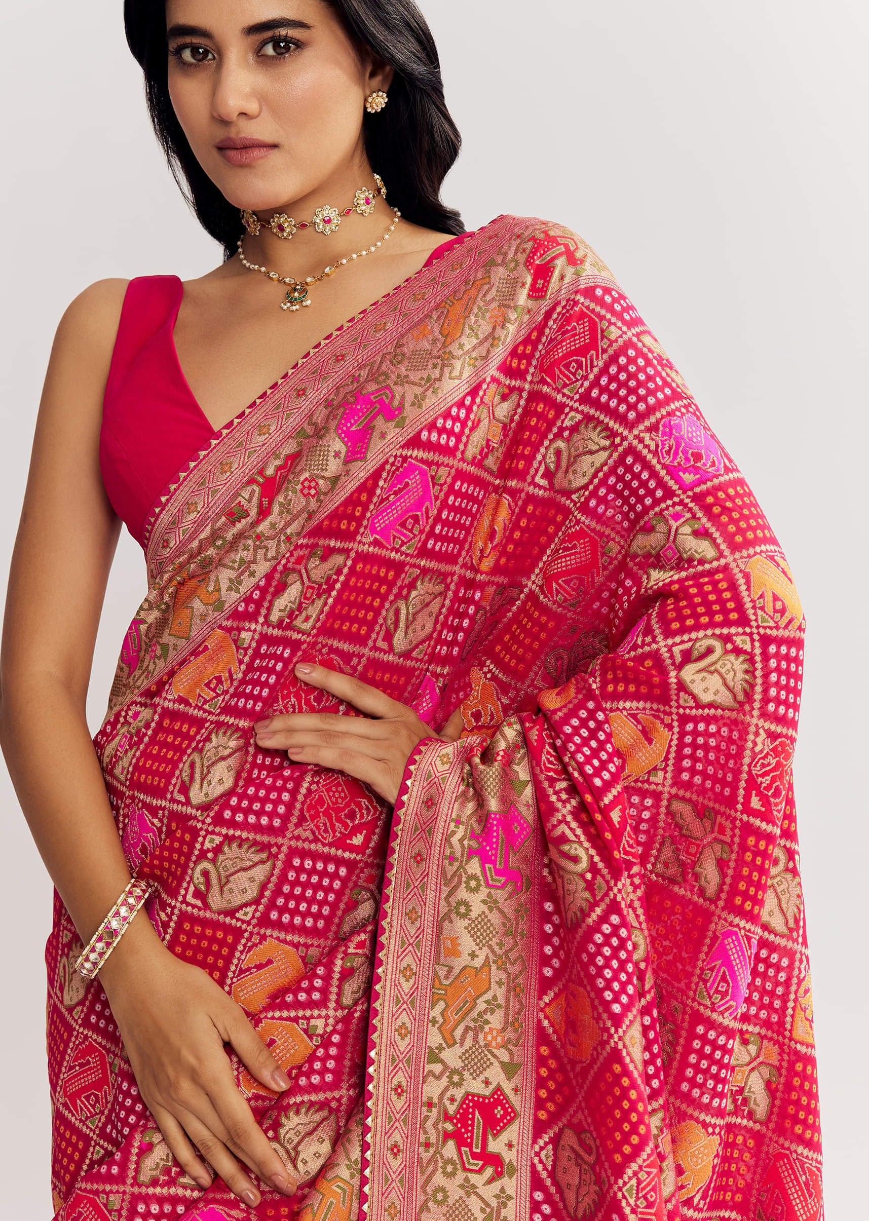 Rani Dola Silk Bandhani Saree With Multicolor Animal Motifs And Gota Border - Image 2