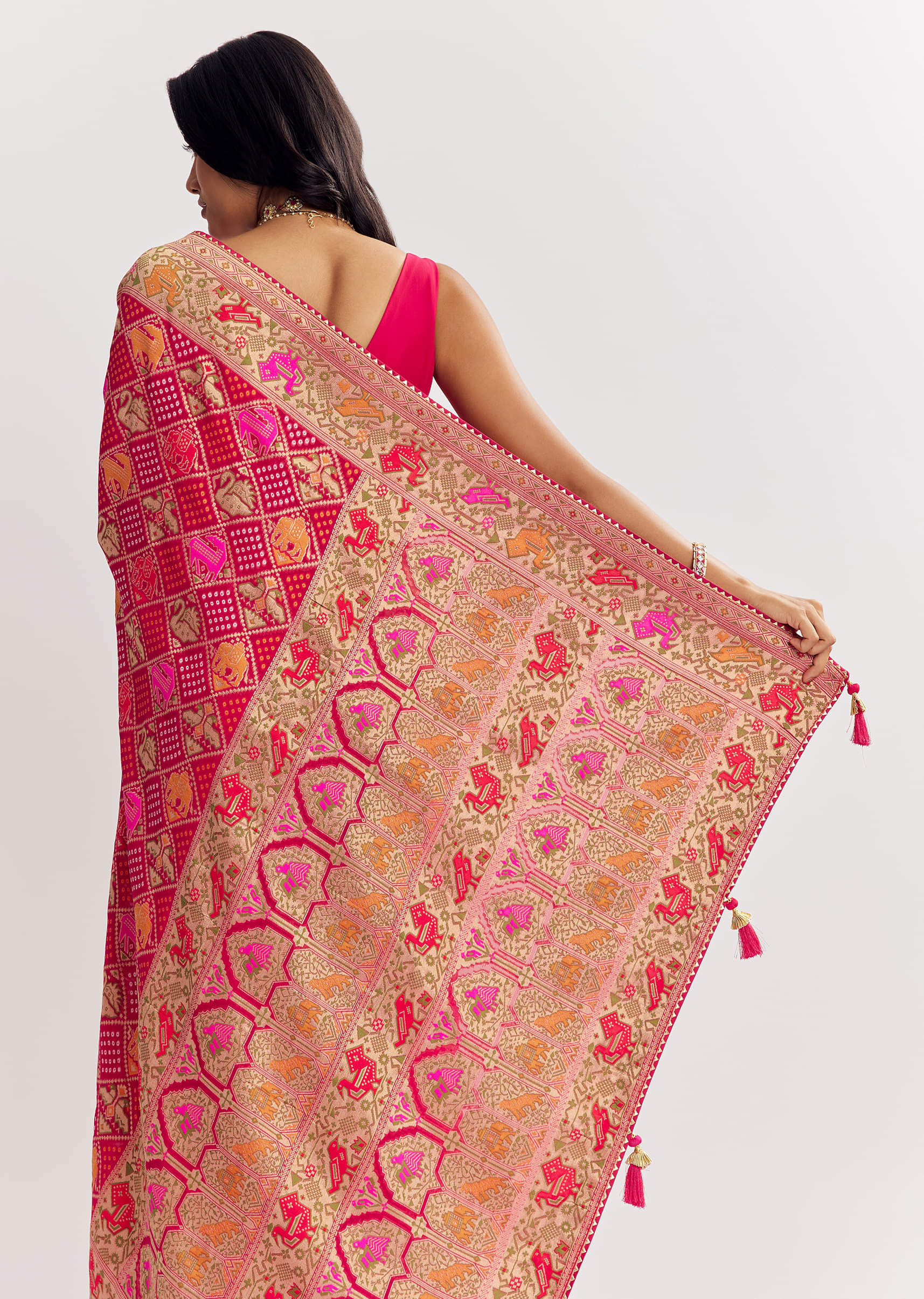 Rani Dola Silk Bandhani Saree With Multicolor Animal Motifs And Gota Border - Image 5