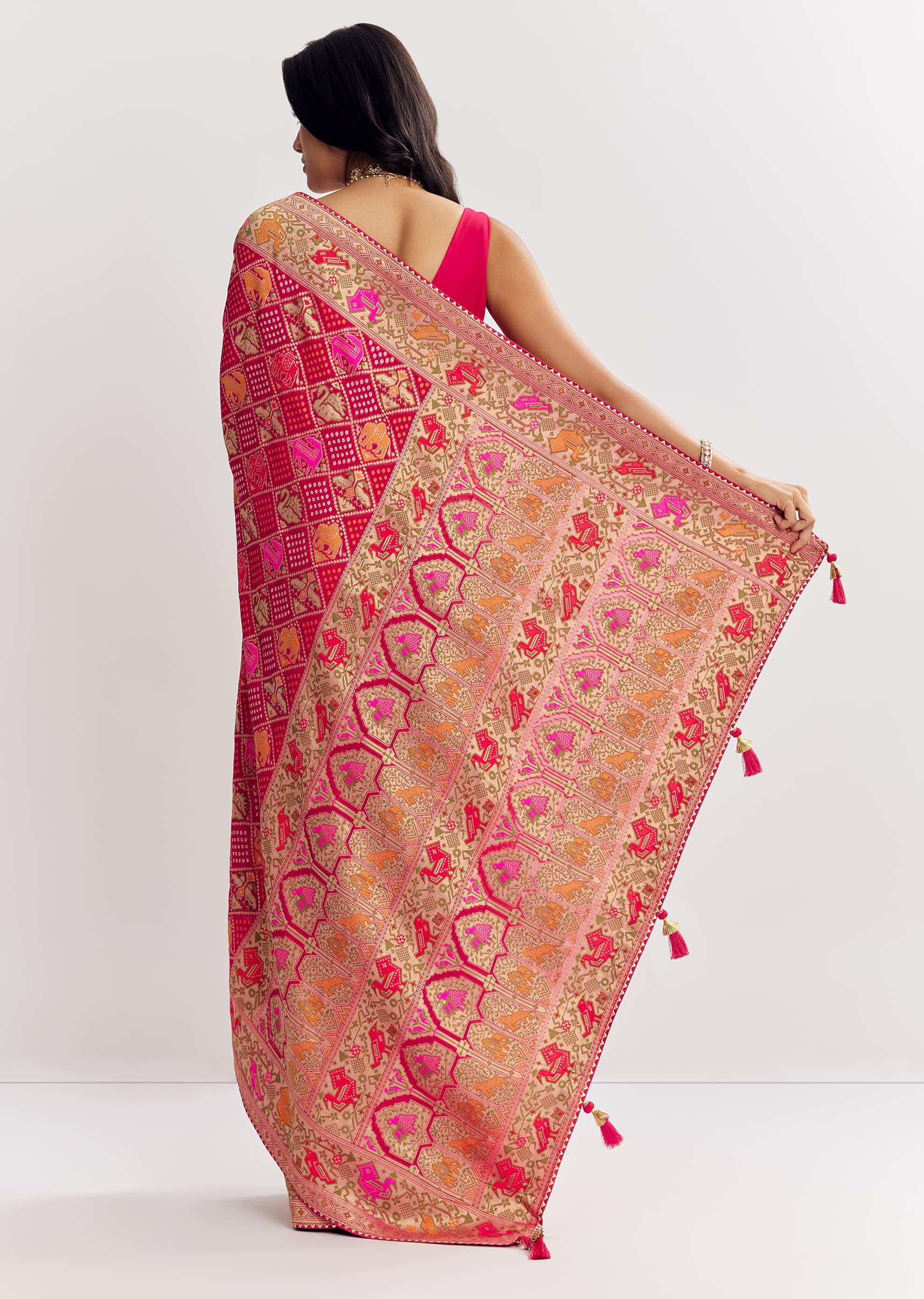 Rani Dola Silk Bandhani Saree With Multicolor Animal Motifs And Gota Border - Image 6