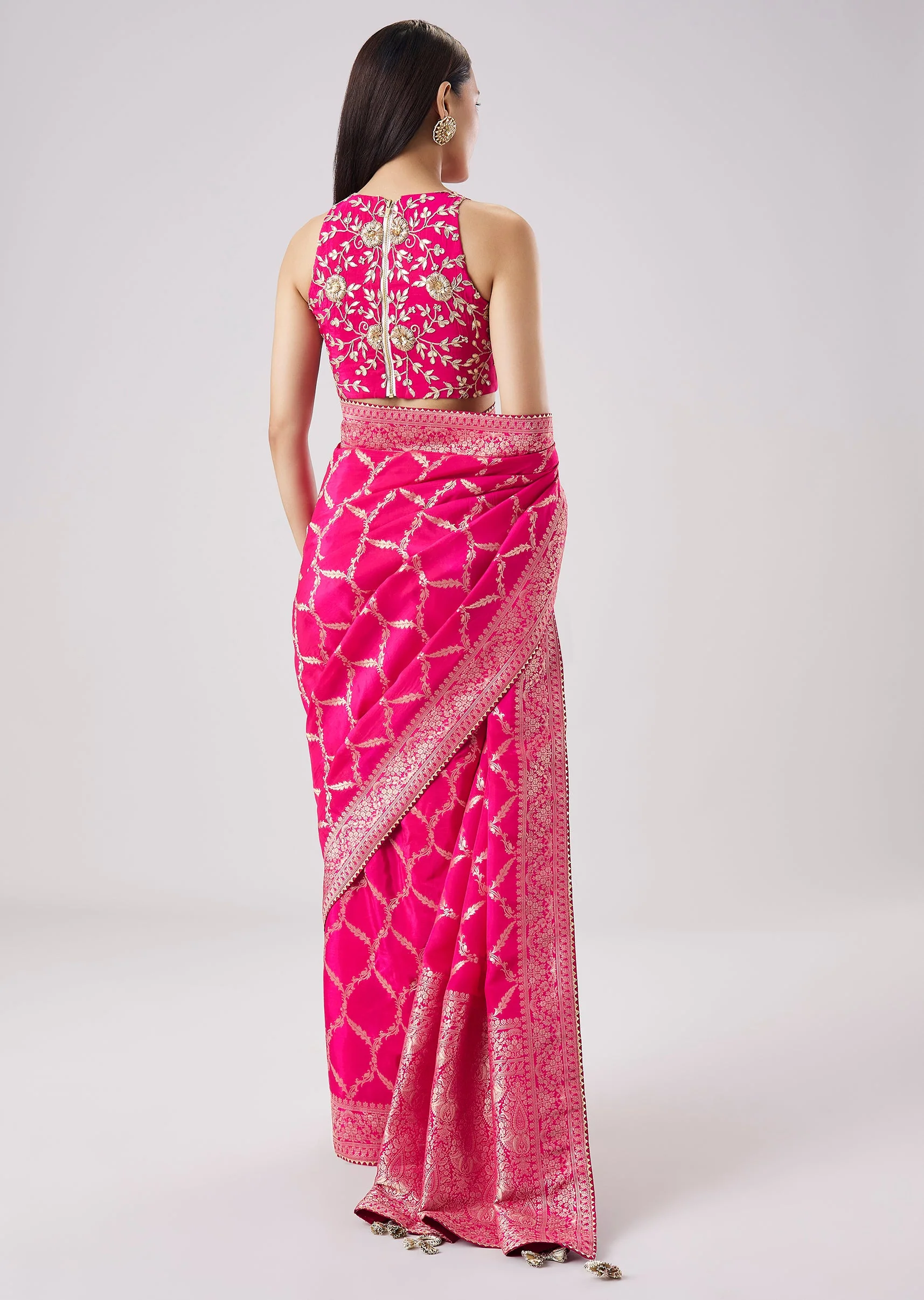 Rani Pink Abstract Woven Saree With Unstitched Blouse - Image 4