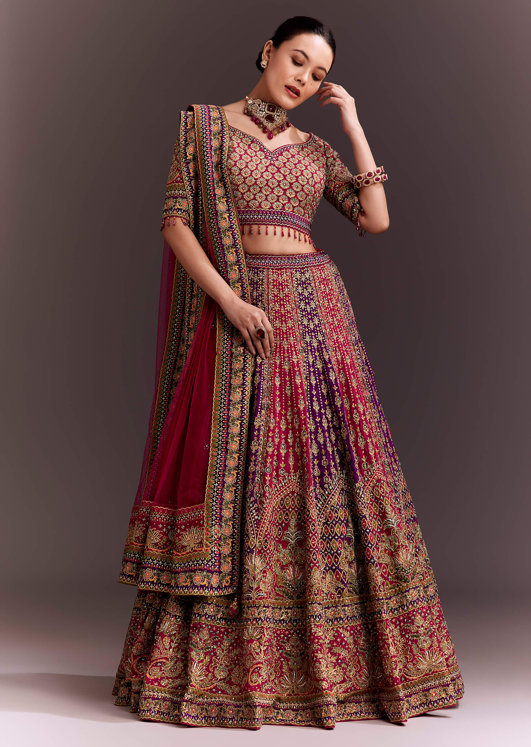 Rani Pink And Purple Zari Embellished Lehenga Set - Image 6