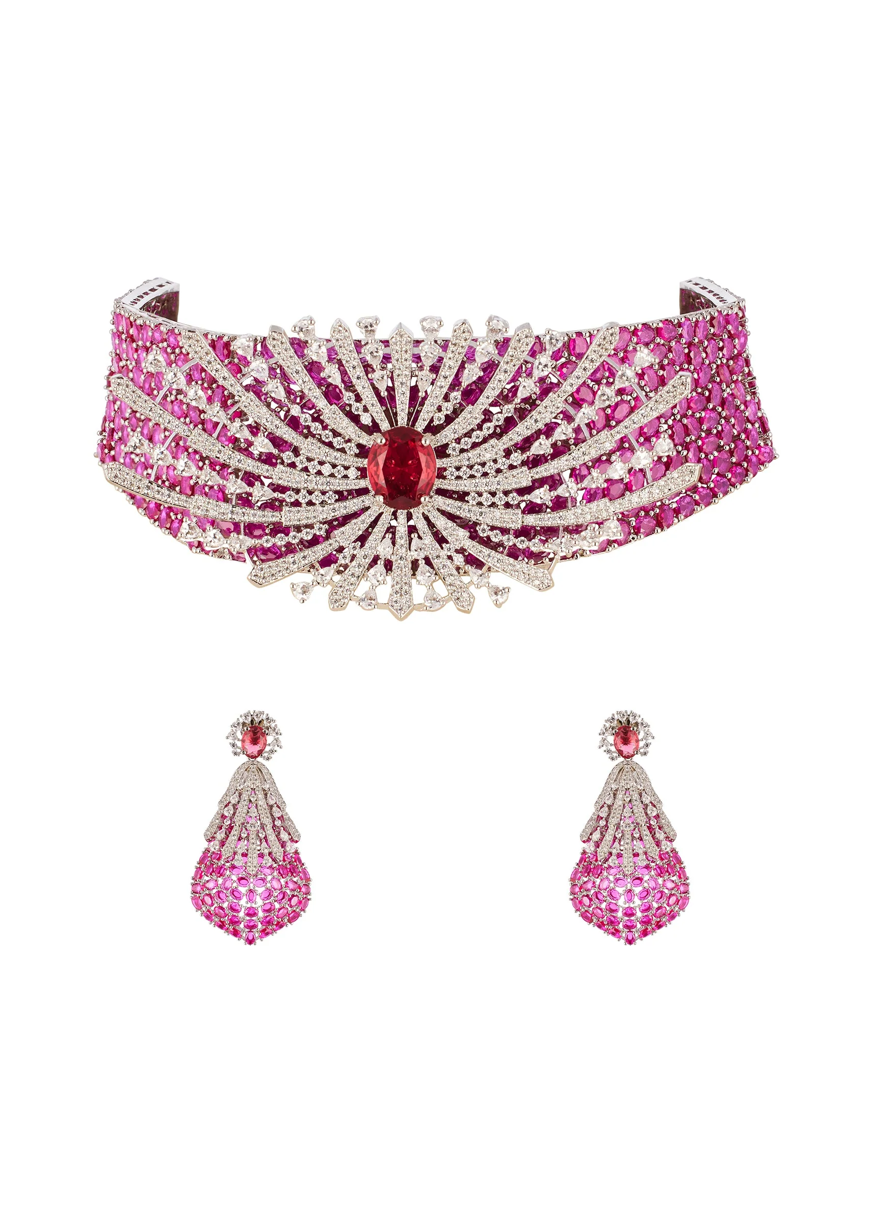 Rani Pink Anti Tarnish Rhodium Plated Brass Long Necklace Set with CZ Diamond and Gem Stones