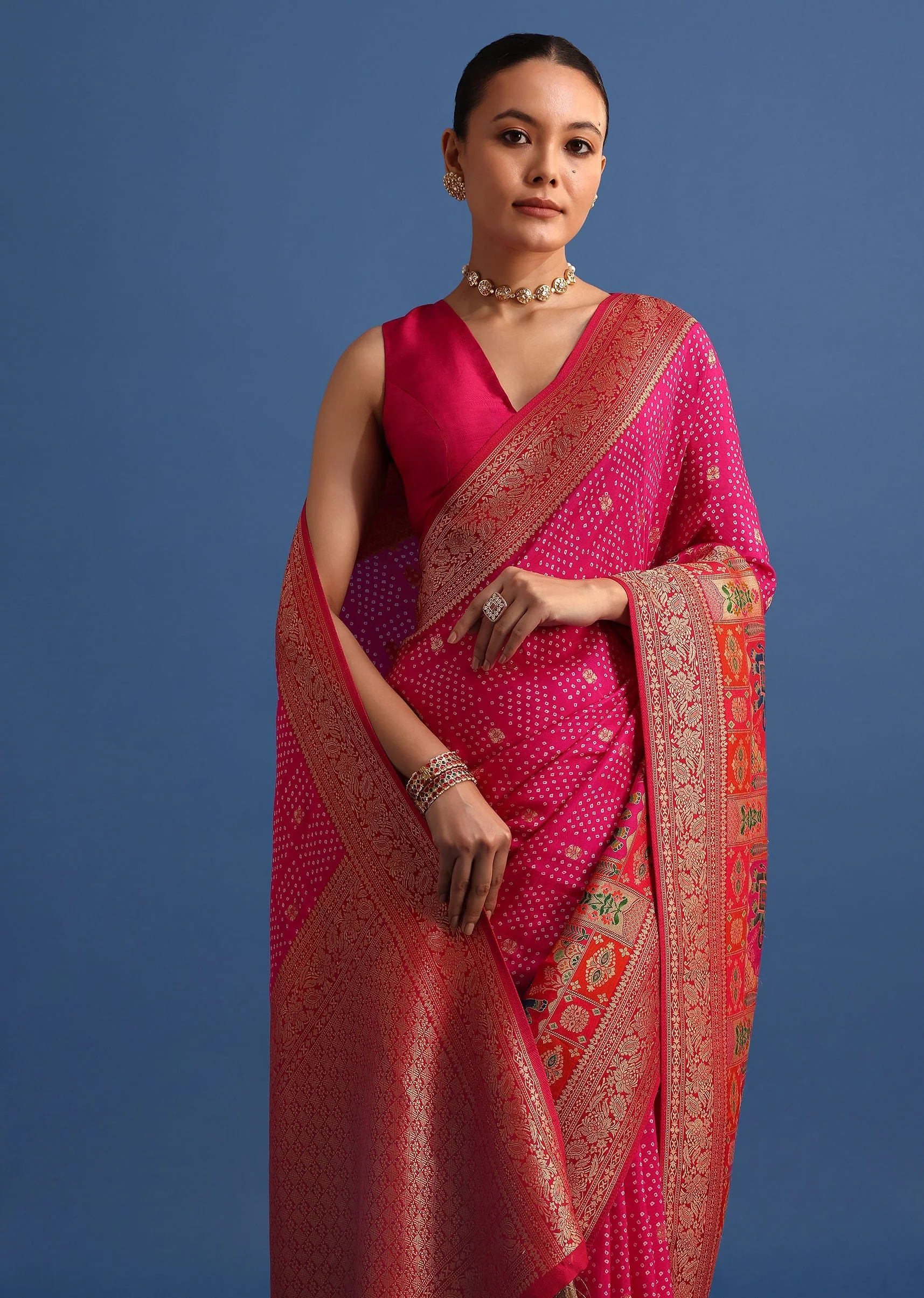 Rani Pink Banarasi Bandhani Satin Saree With Brocade Motifs On Border - Image 5