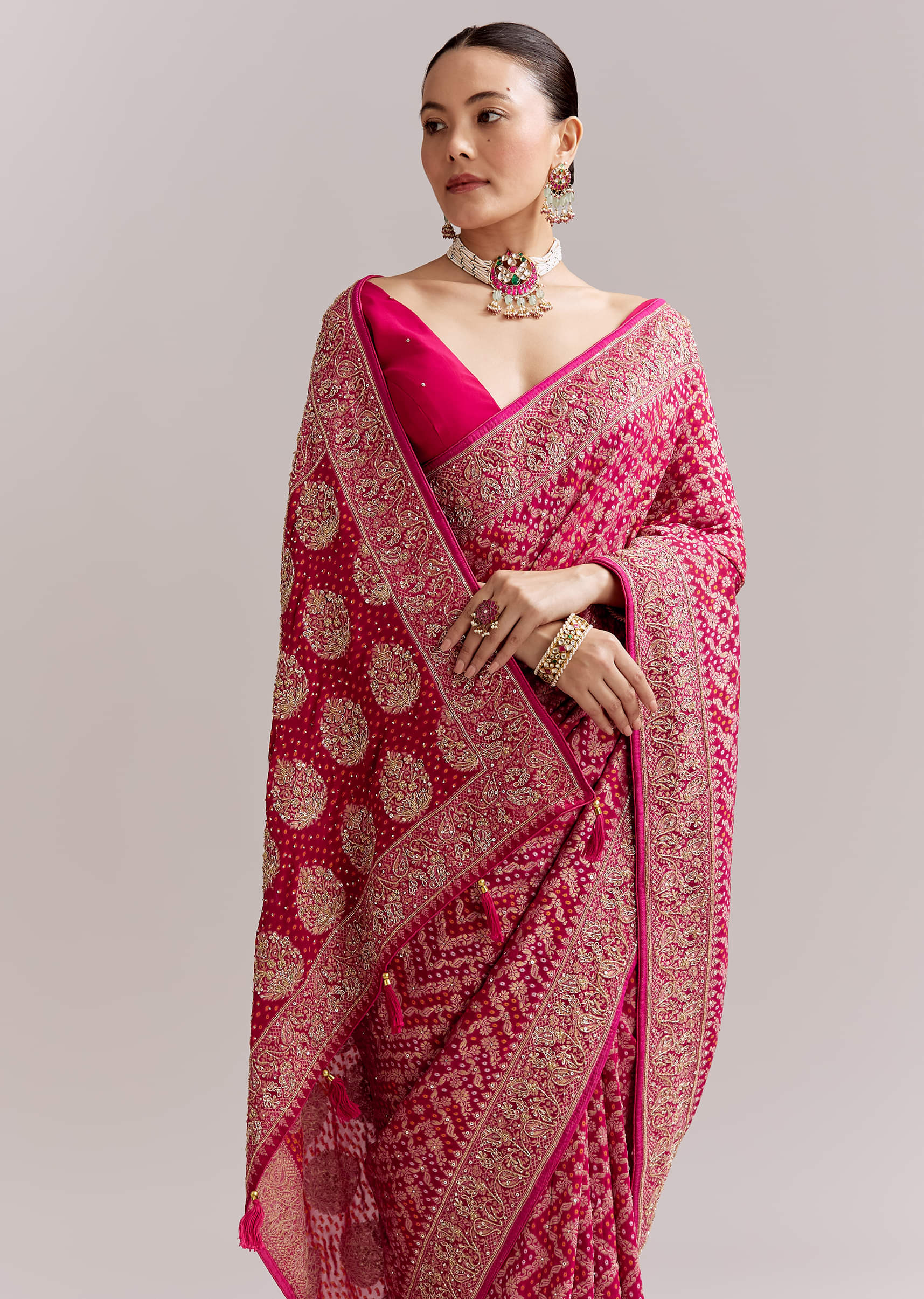 Rani Pink Banarasi Georgette Saree With Heavy Embroidery - Image 5