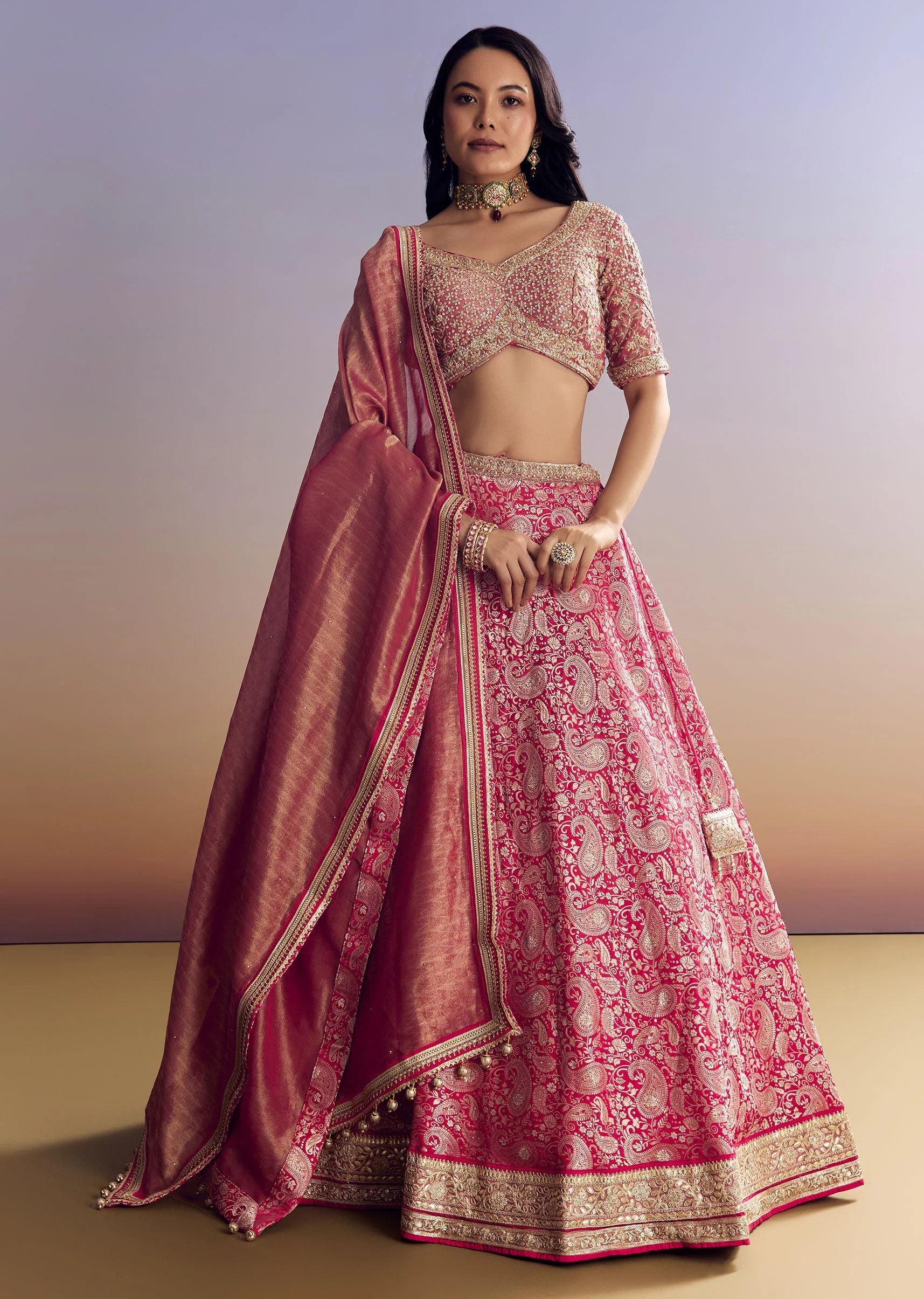 Rani Pink Banarasi Lehenga Set With Embroidered Choli