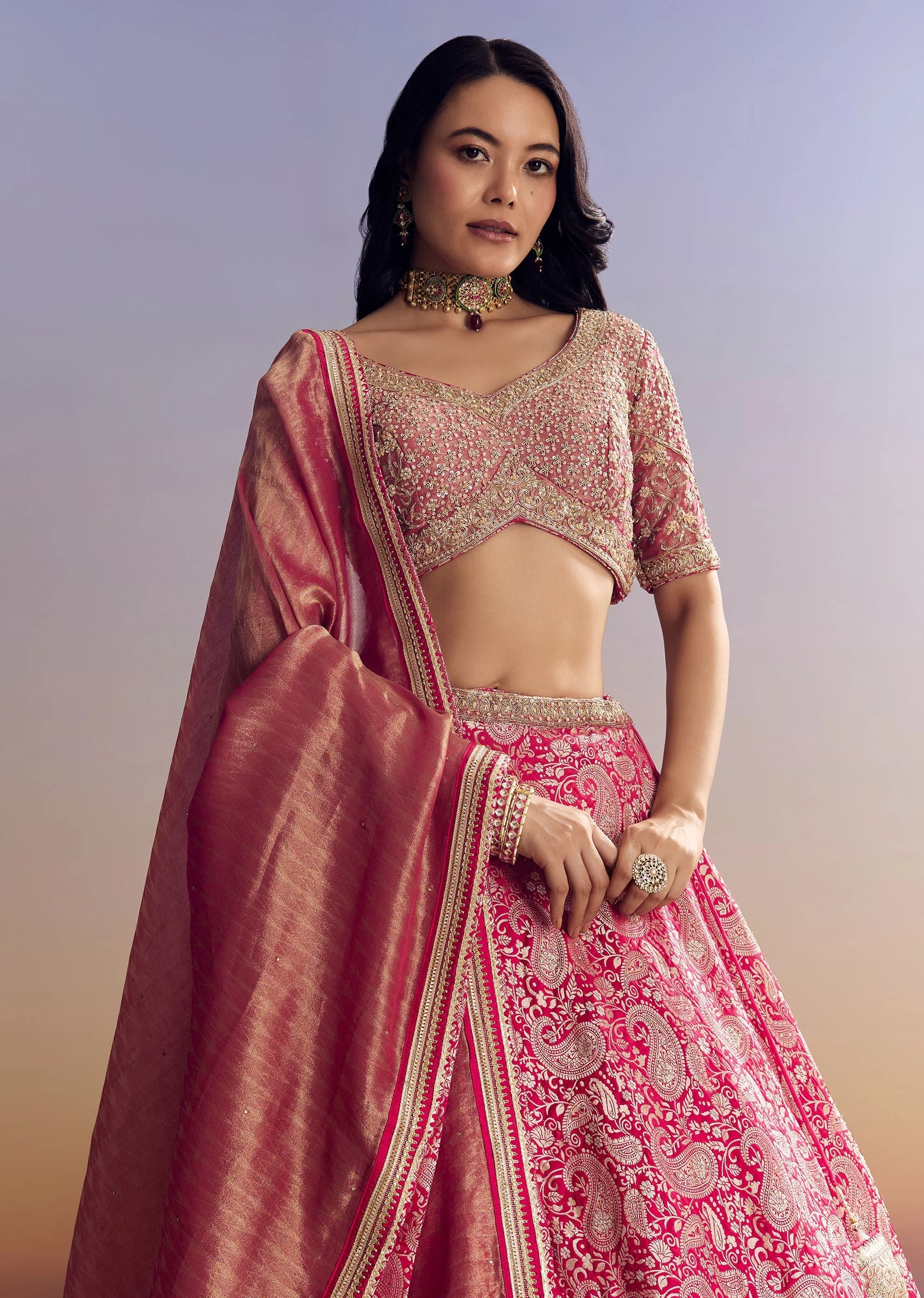 Rani Pink Banarasi Lehenga Set With Embroidered Choli - Image 4