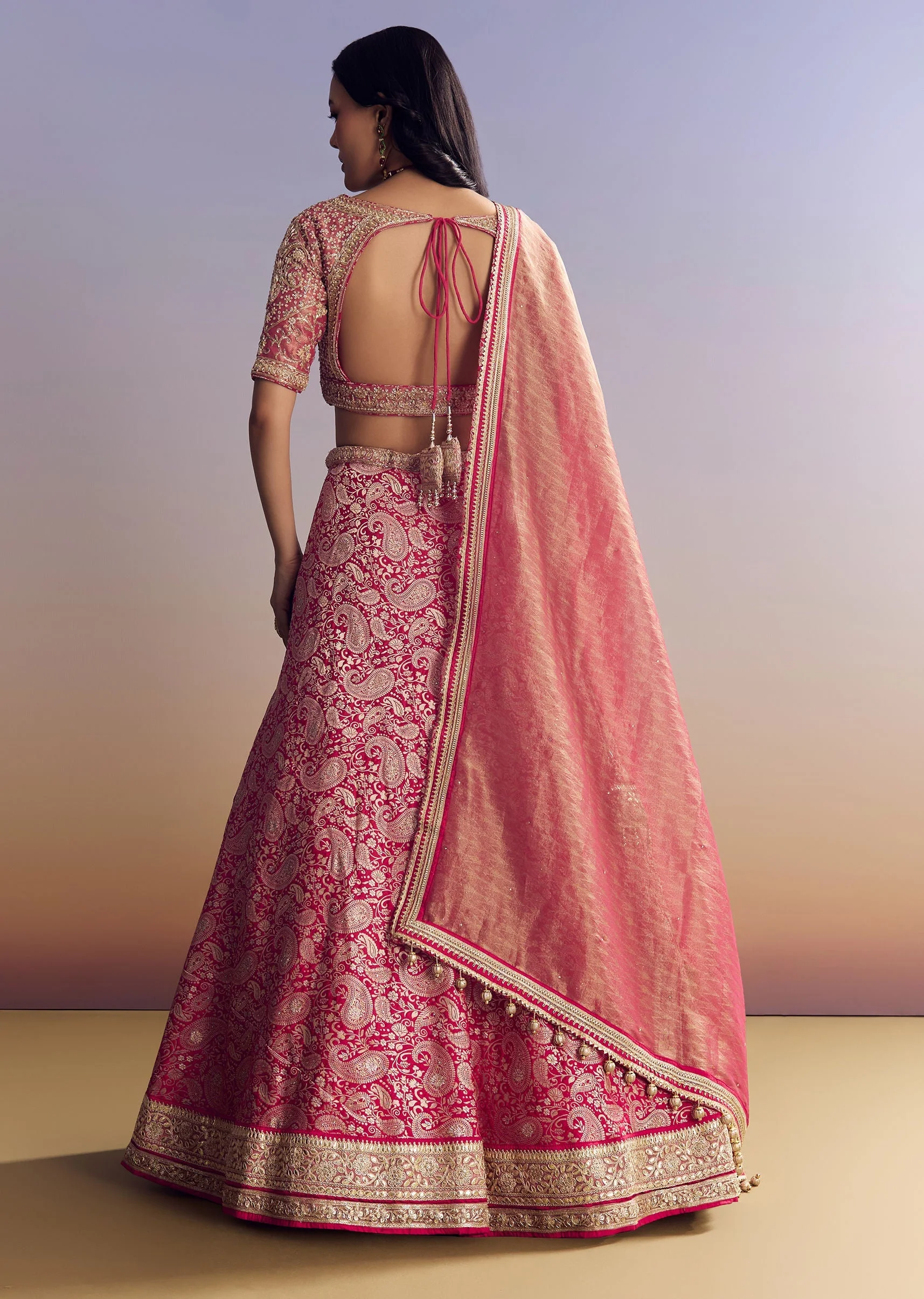Rani Pink Banarasi Lehenga Set With Embroidered Choli - Image 5