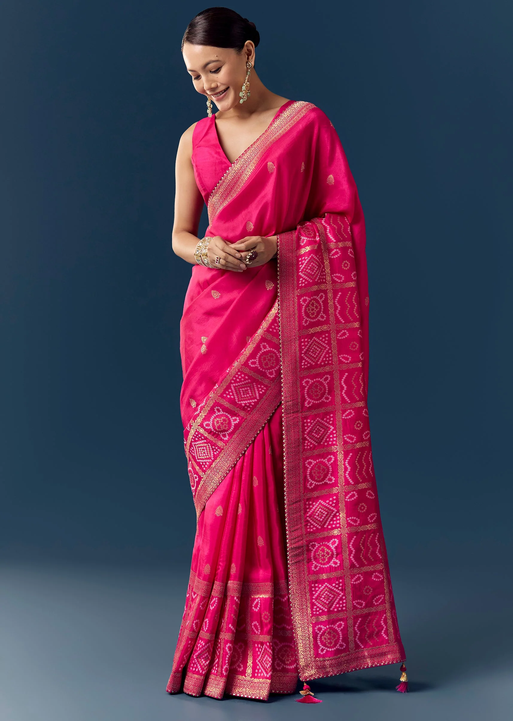 Rani Pink Bandhani Motif Woven Saree with Gotta Finish