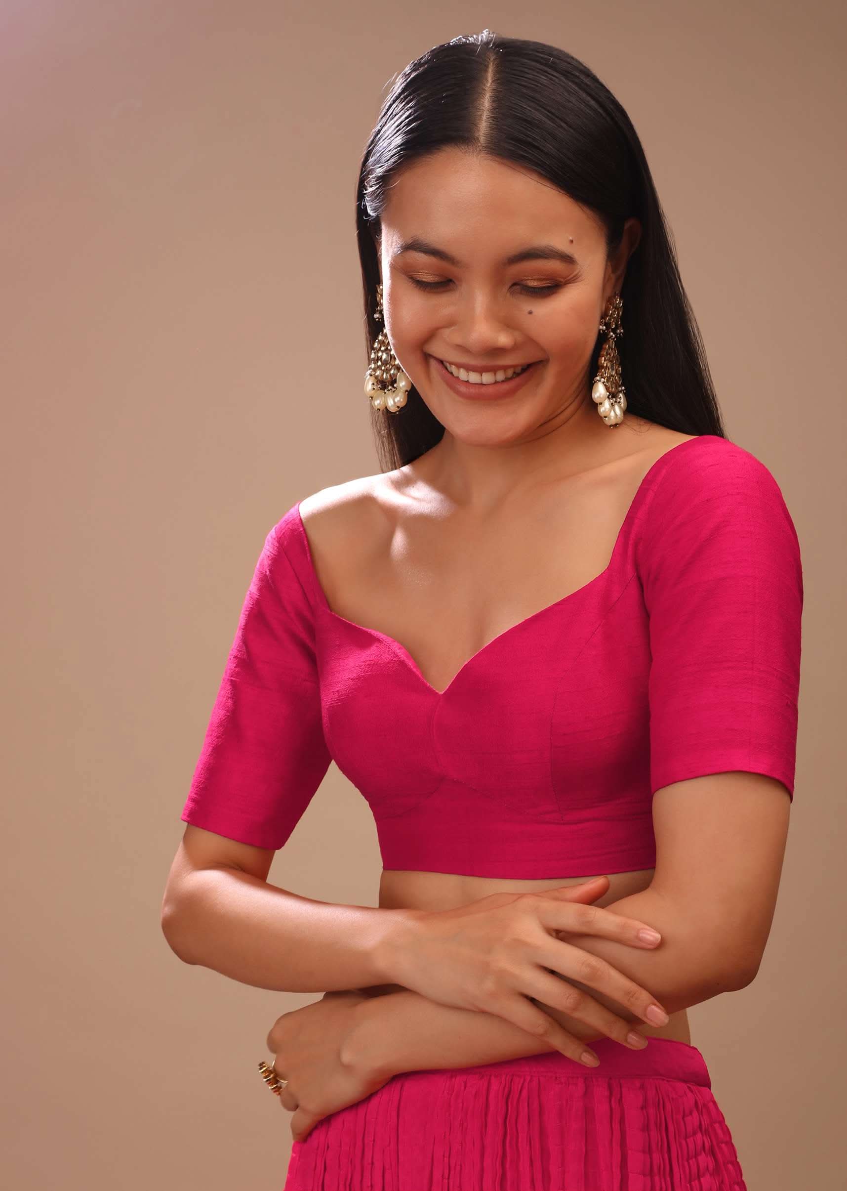 Rani Pink Blouse In Raw Silk With Half Sleeves And Sweetheart Neckline - Image 3