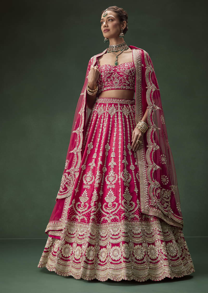Rani Pink Bridal Lehenga With Embroidered Blouse And Heavily Worked Dupattas - Image 4