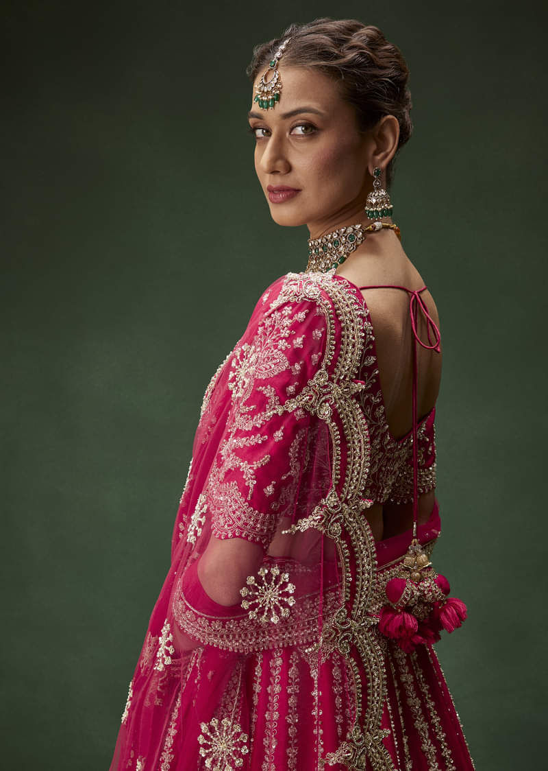 Rani Pink Bridal Lehenga With Embroidered Blouse And Heavily Worked Dupattas - Image 6