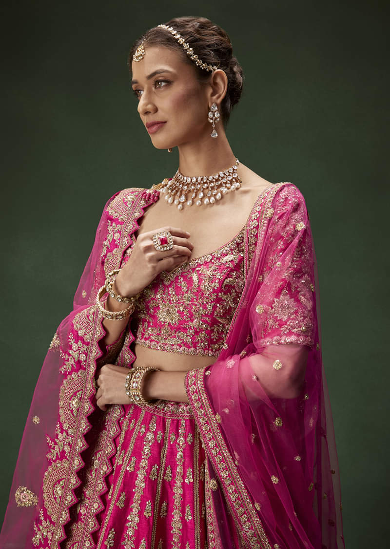 Rani Pink Bridal Lehenga With Gold Zari And Rich Embroidery - Image 3