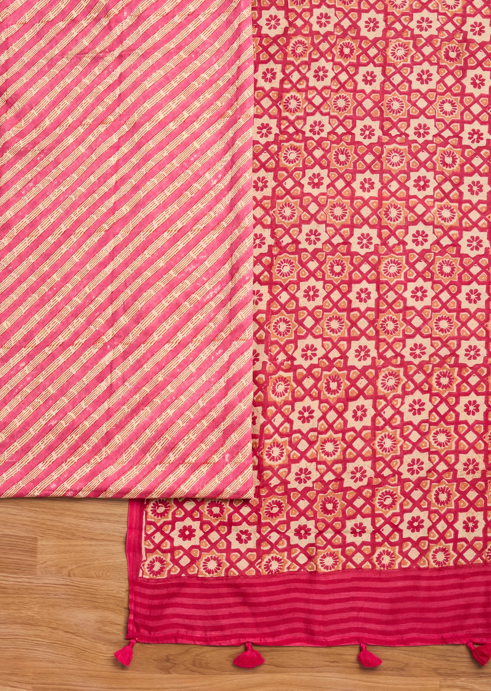 Rani Pink Chanderi Printed Unstitched Suit Set - Image 2