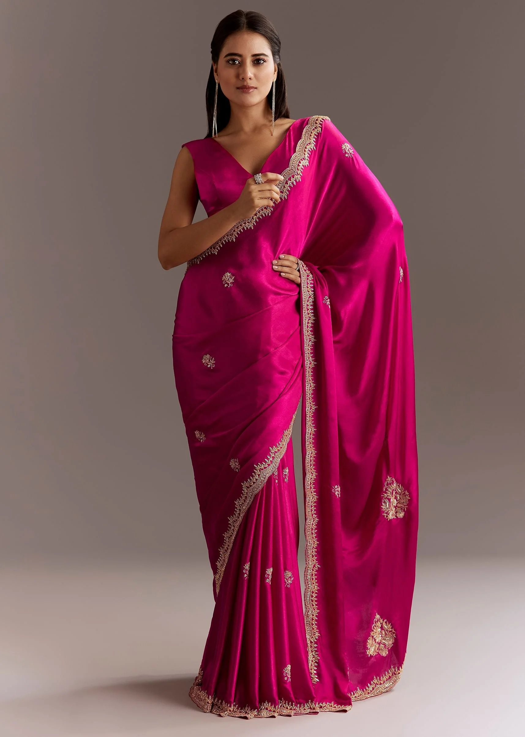 Rani Pink Chinon Saree With Cutdana Butta And Scallop Border - Image 3