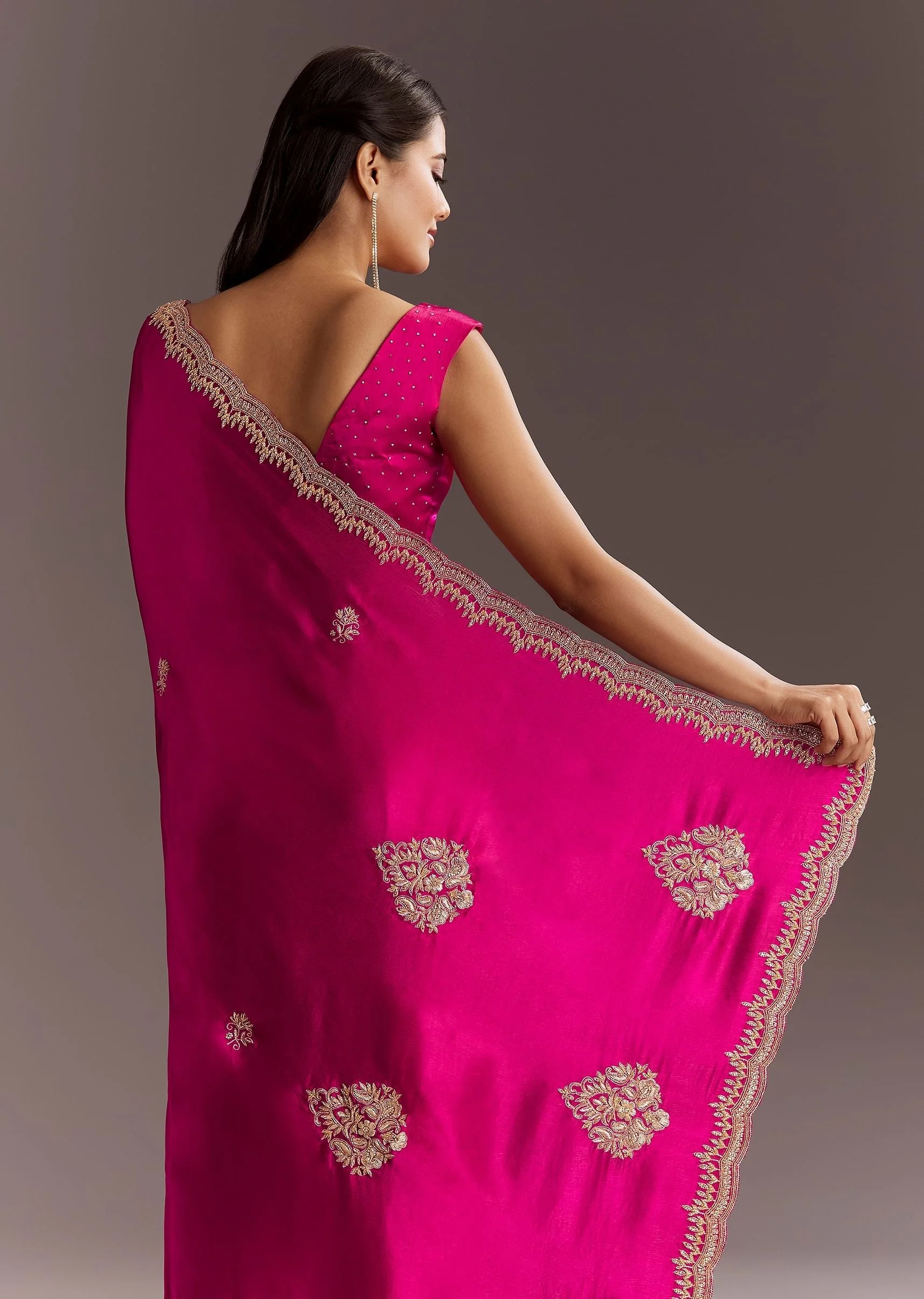 Rani Pink Chinon Saree With Cutdana Butta And Scallop Border - Image 4