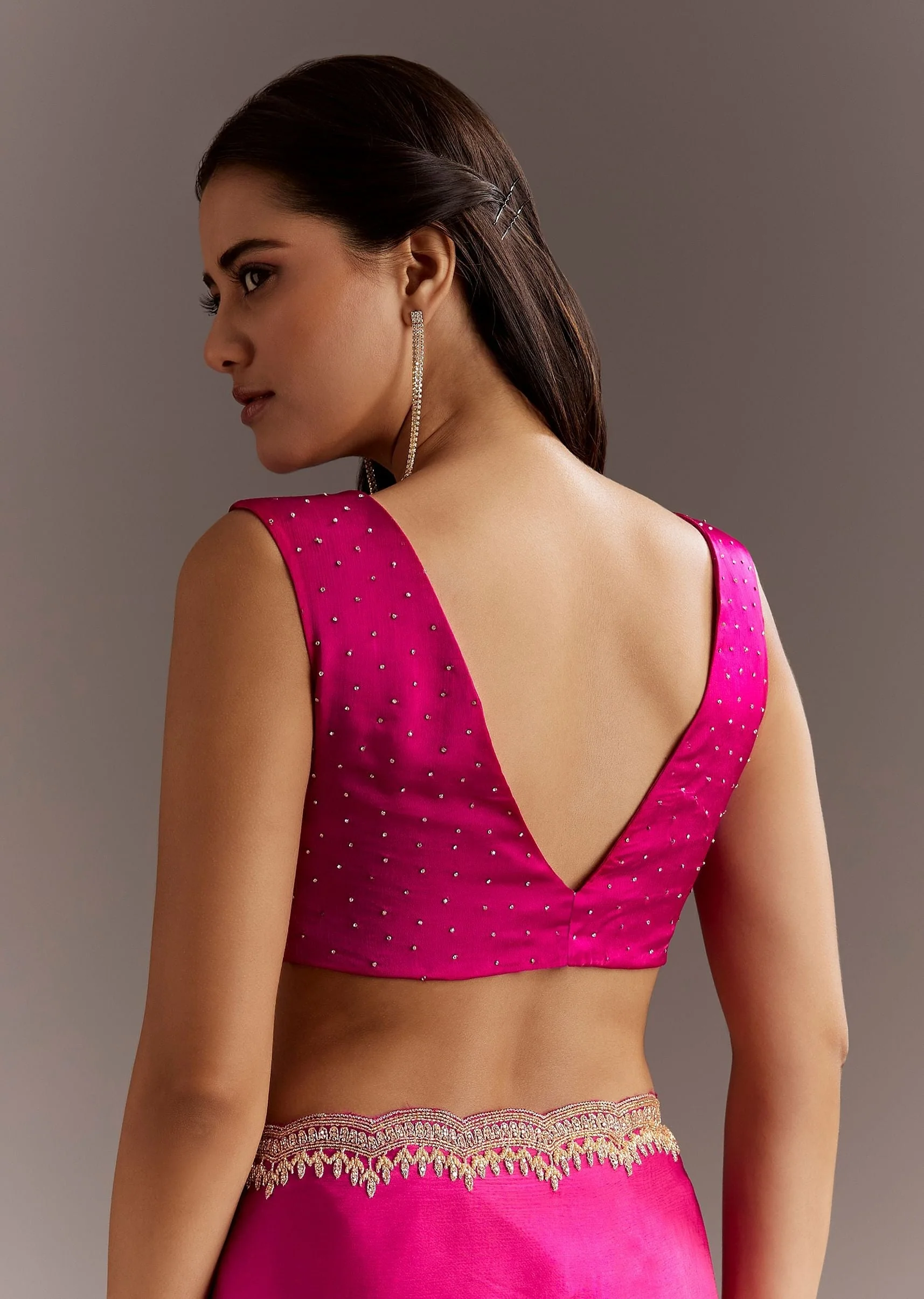 Rani Pink Chinon Saree With Cutdana Butta And Scallop Border - Image 8