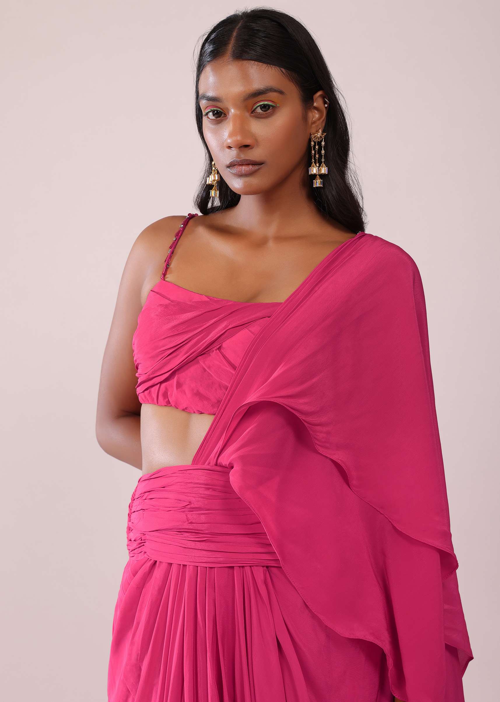 Rani Pink Crepe Drape Saree And Blouse With Crystal Detailing On the Strap - Image 5