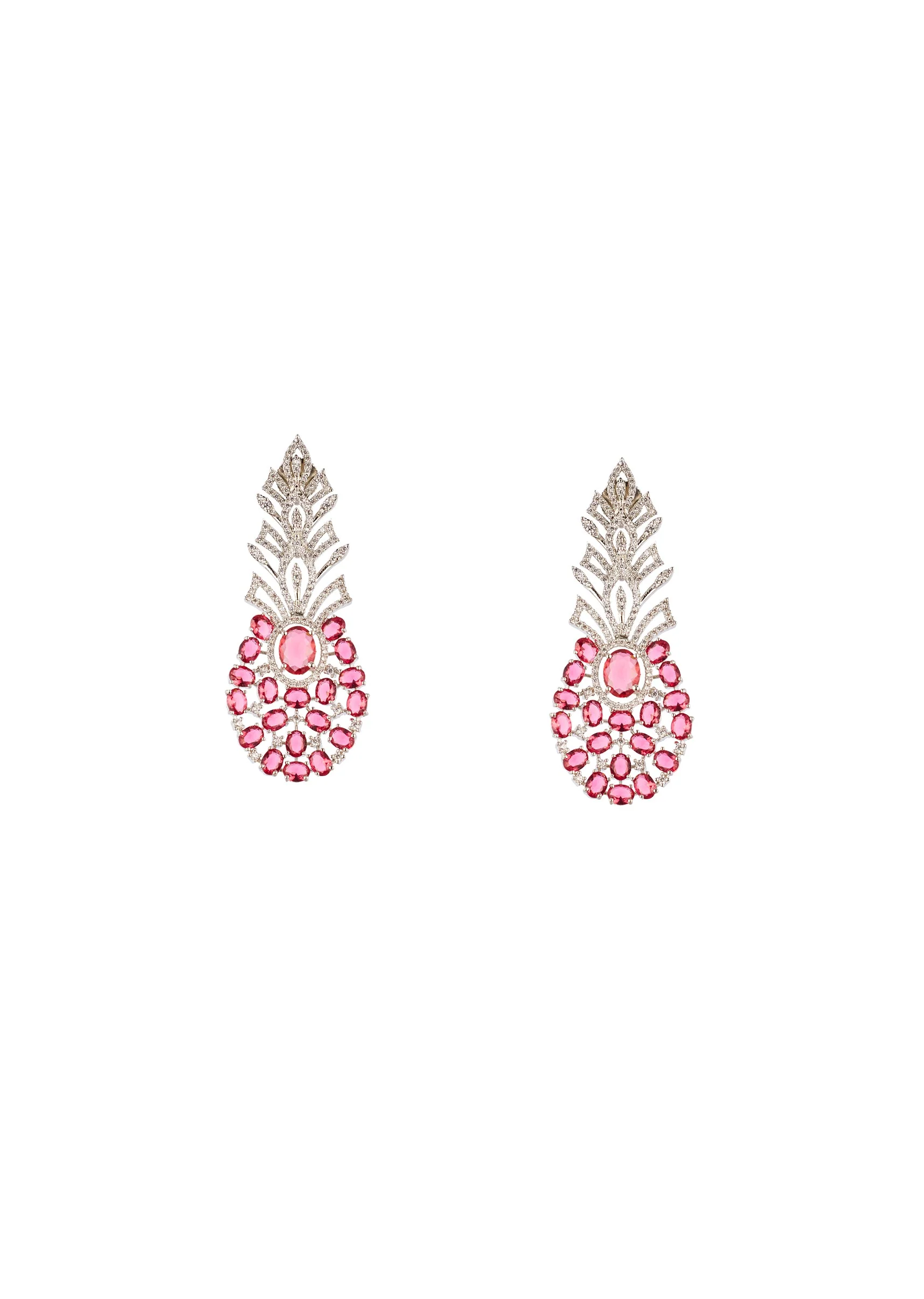 Rani Pink CZ Diamond Anti Tarnish Finish Gemstone Necklace Set in Rhodium Plated Brass - Image 2