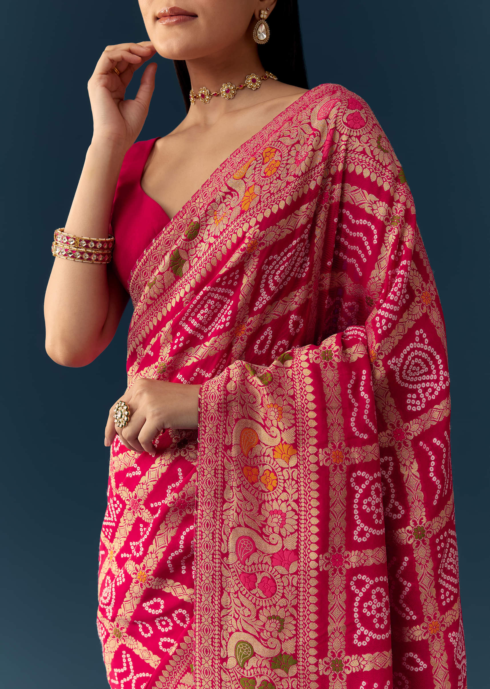 Rani Pink Dola Silk Bandhani Woven Saree with Unstitched Blouse - Image 2