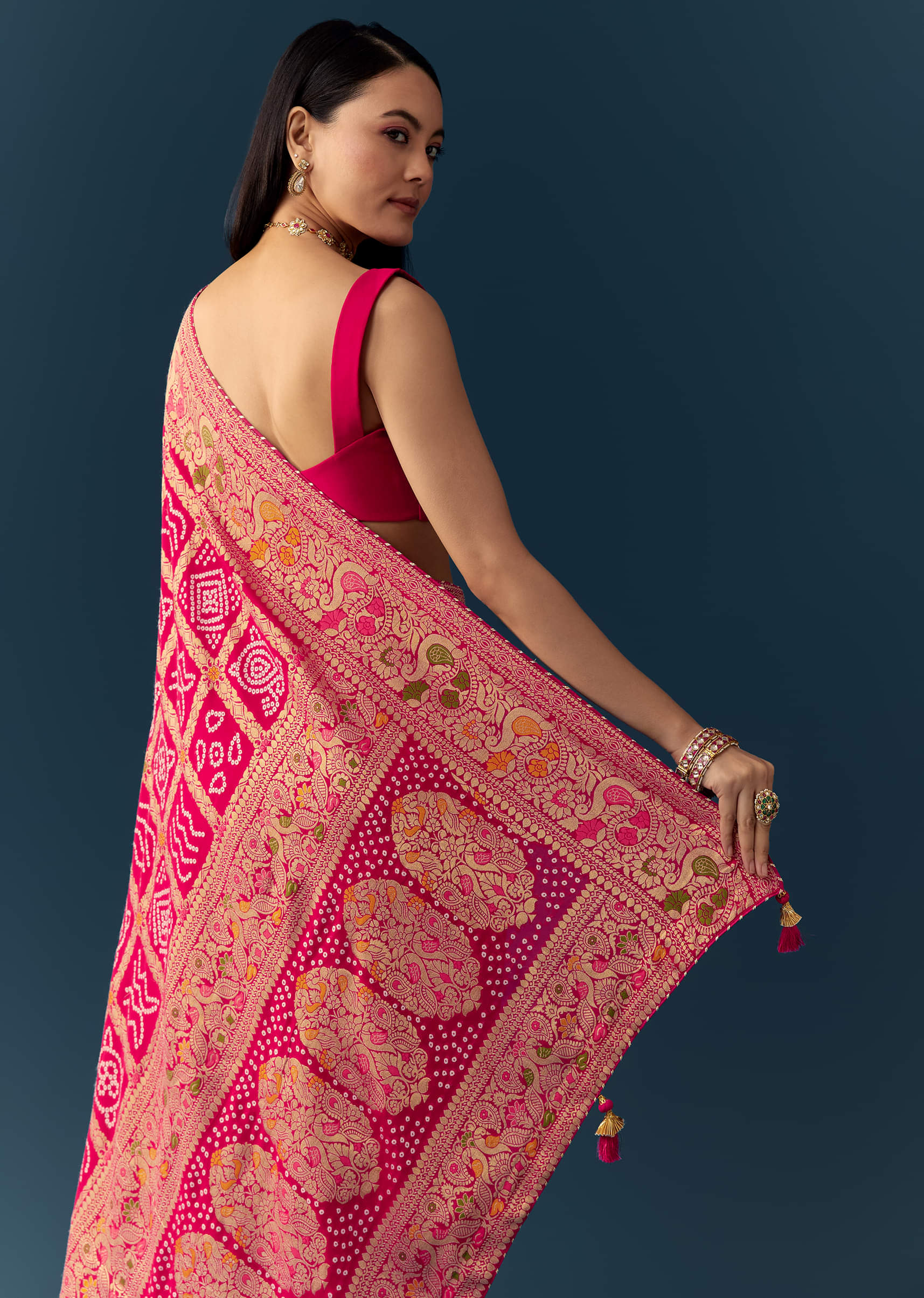 Rani Pink Dola Silk Bandhani Woven Saree with Unstitched Blouse - Image 6