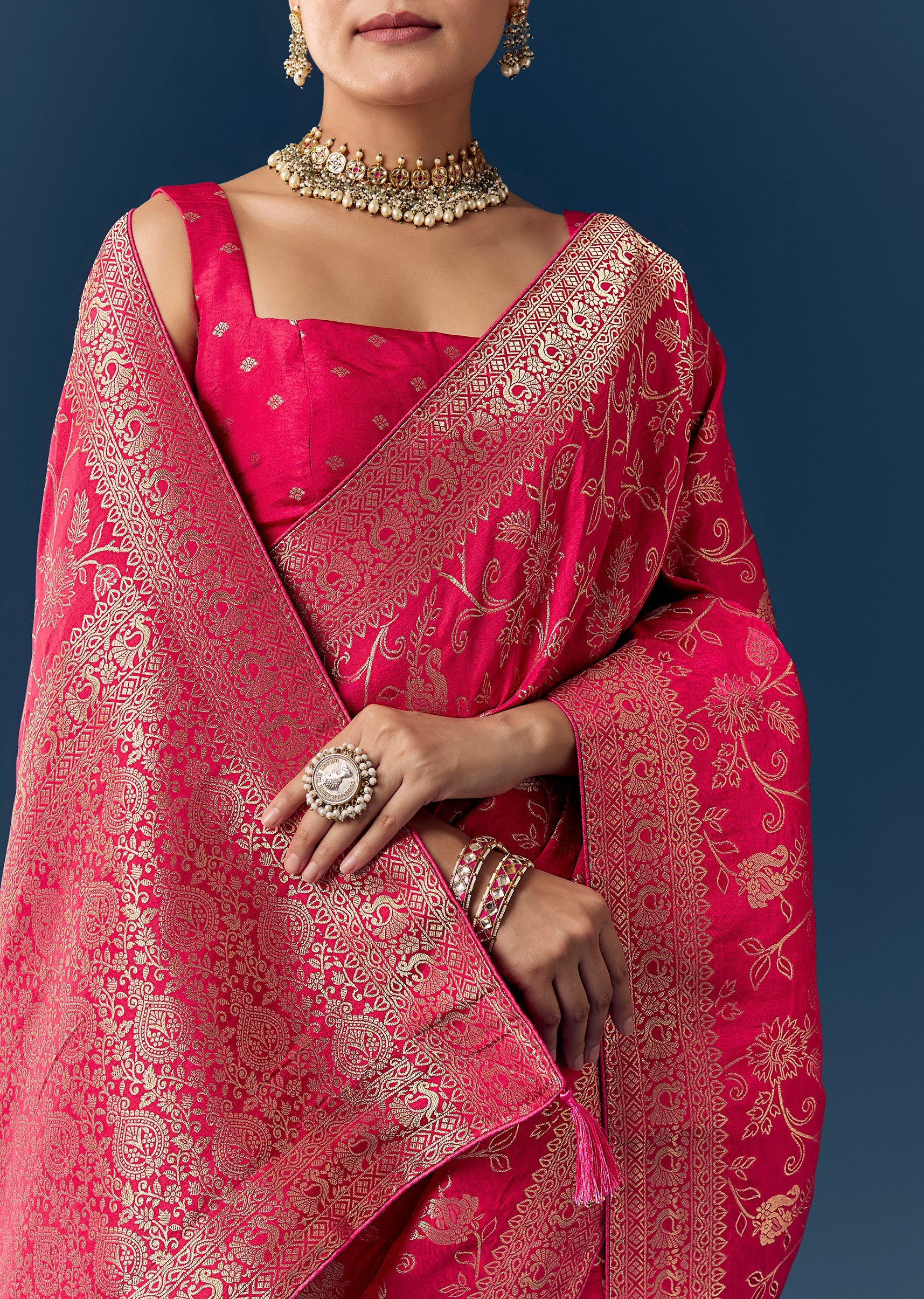 Rani Pink Dola Silk Saree with Floral Jaal Weave - Image 2