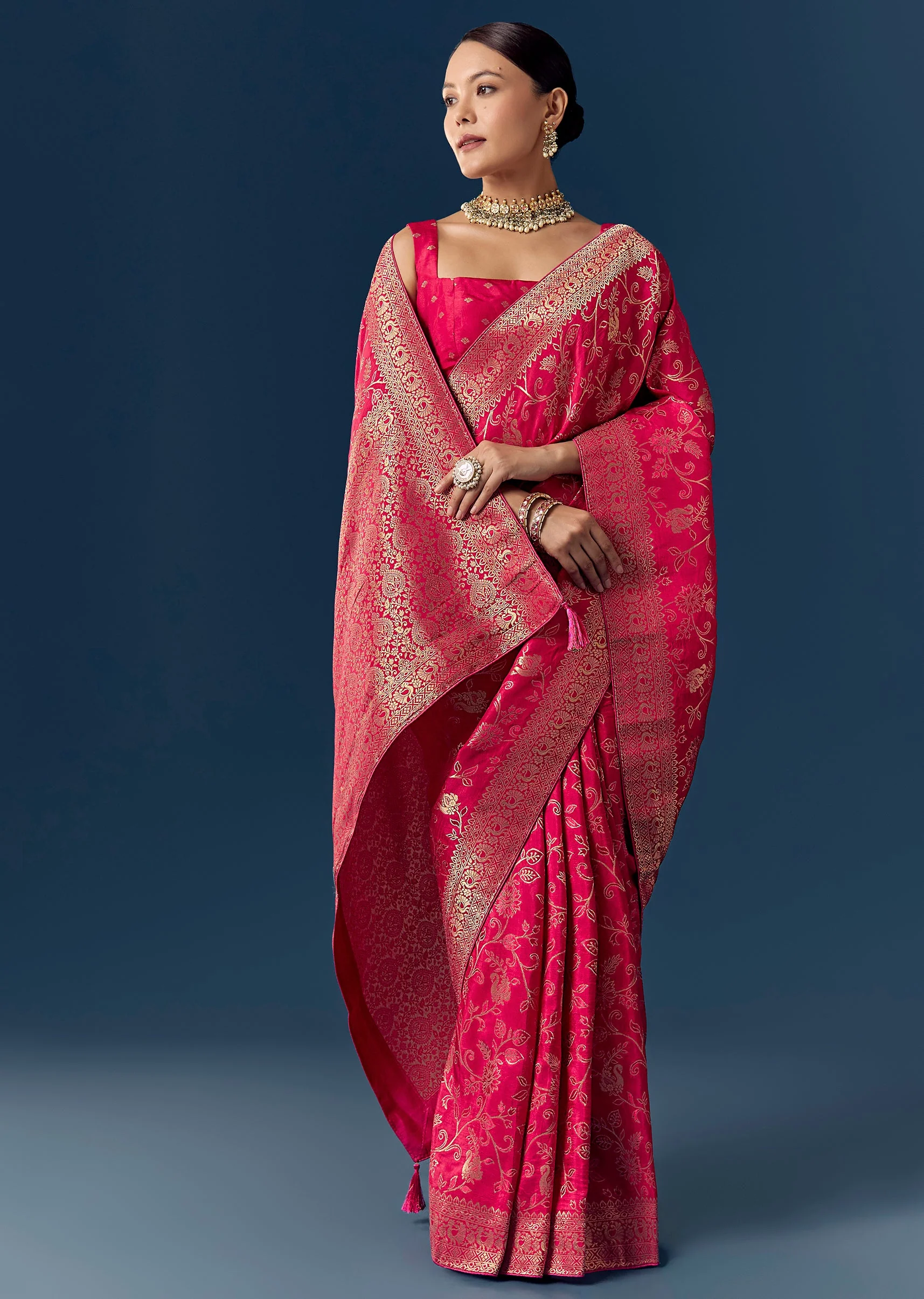 Rani Pink Dola Silk Saree with Floral Jaal Weave - Image 3