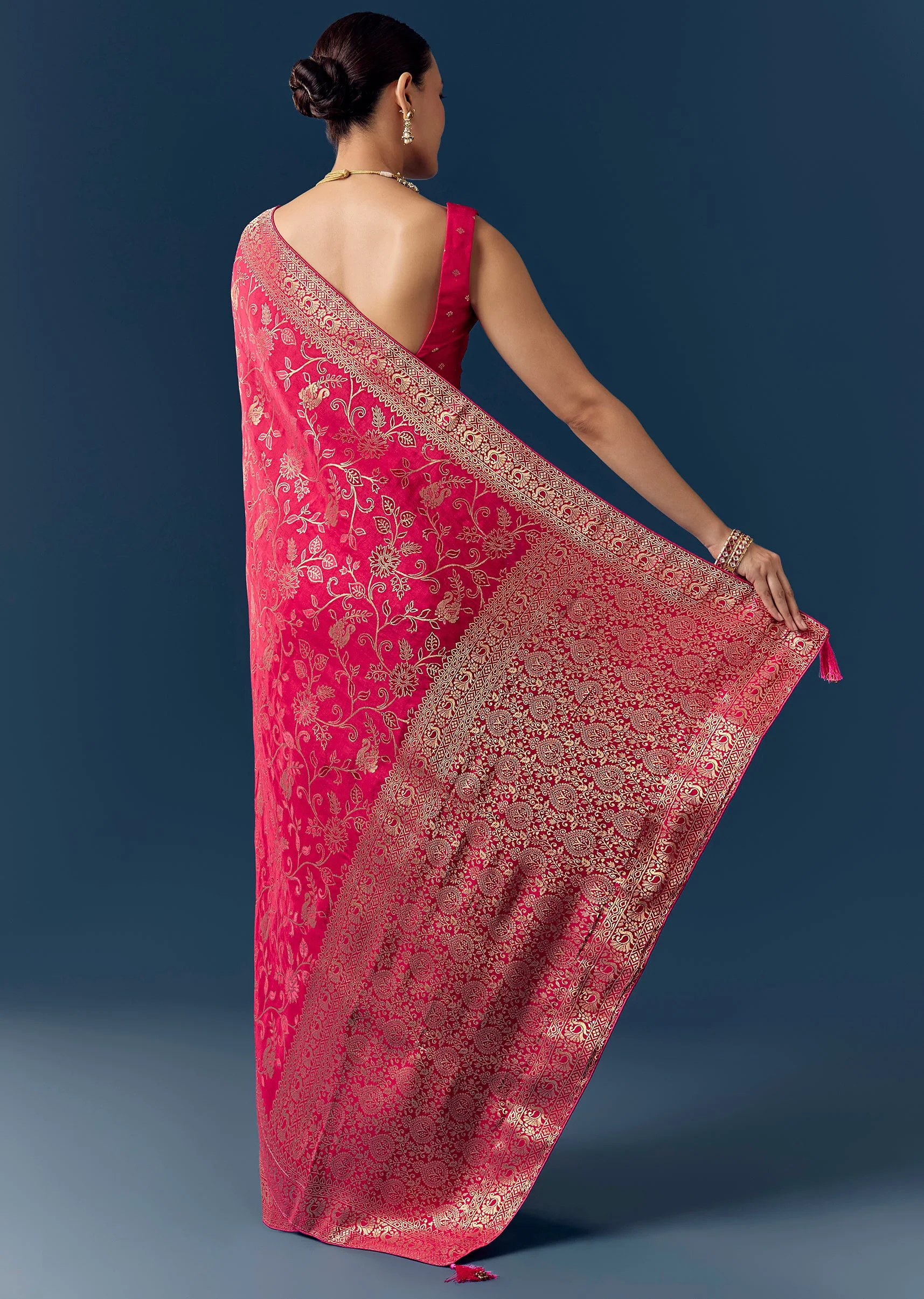Rani Pink Dola Silk Saree with Floral Jaal Weave - Image 4