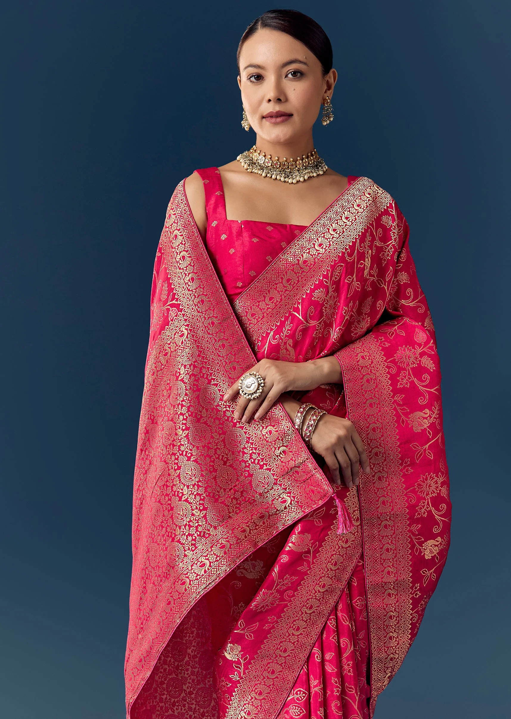 Rani Pink Dola Silk Saree with Floral Jaal Weave - Image 5